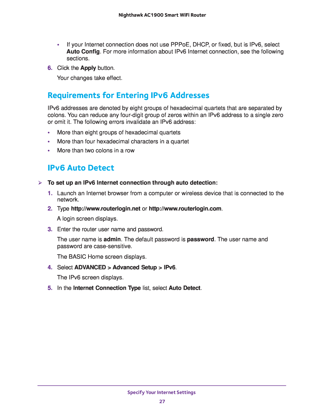 NETGEAR Model R7000 user manual Requirements for Entering IPv6 Addresses, IPv6 Auto Detect 