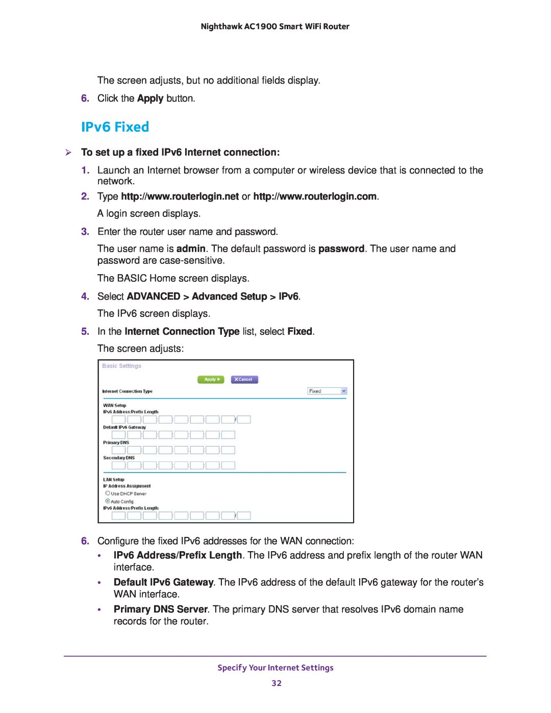 NETGEAR Model R7000 user manual IPv6 Fixed,  To set up a fixed IPv6 Internet connection 