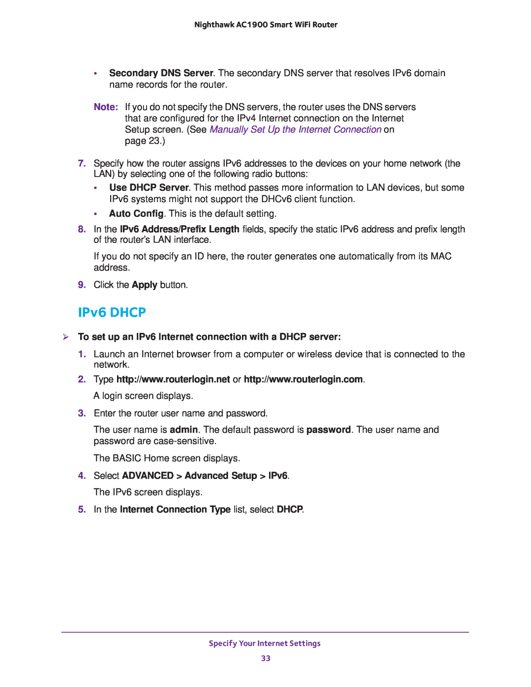 NETGEAR Model R7000 user manual IPv6 DHCP,  To set up an IPv6 Internet connection with a DHCP server 