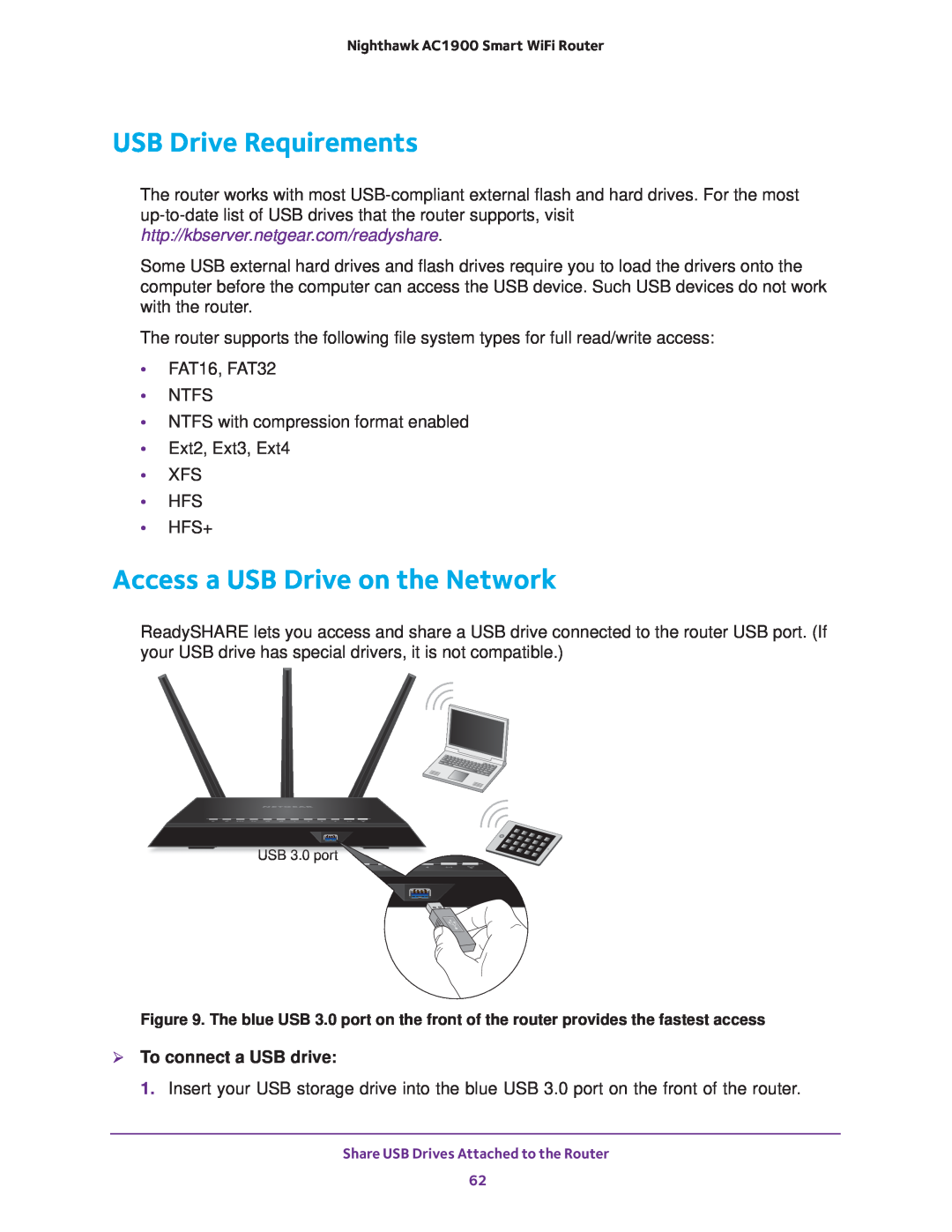 NETGEAR Model R7000 user manual USB Drive Requirements, Access a USB Drive on the Network,  To connect a USB drive 