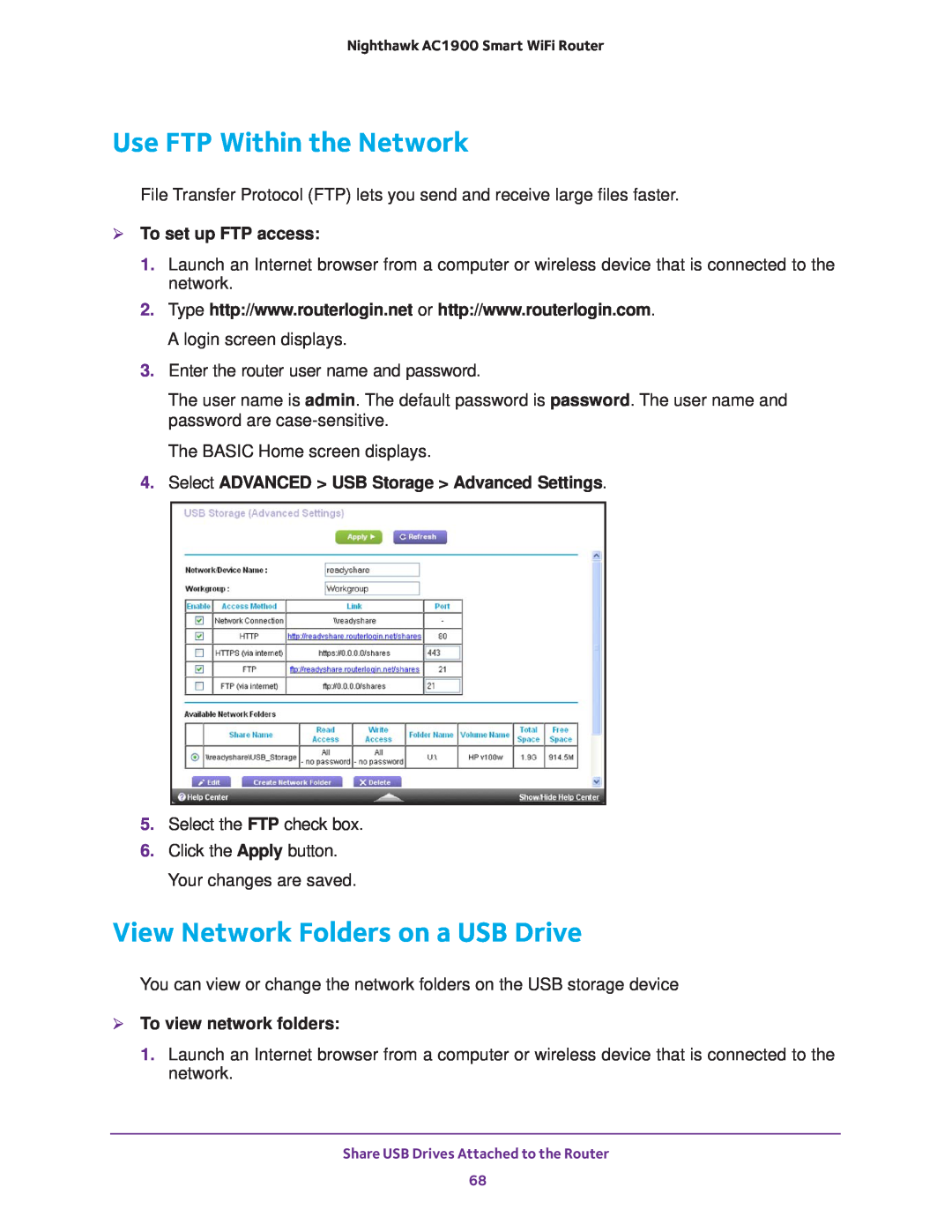 NETGEAR Model R7000 user manual Use FTP Within the Network, View Network Folders on a USB Drive,  To set up FTP access 