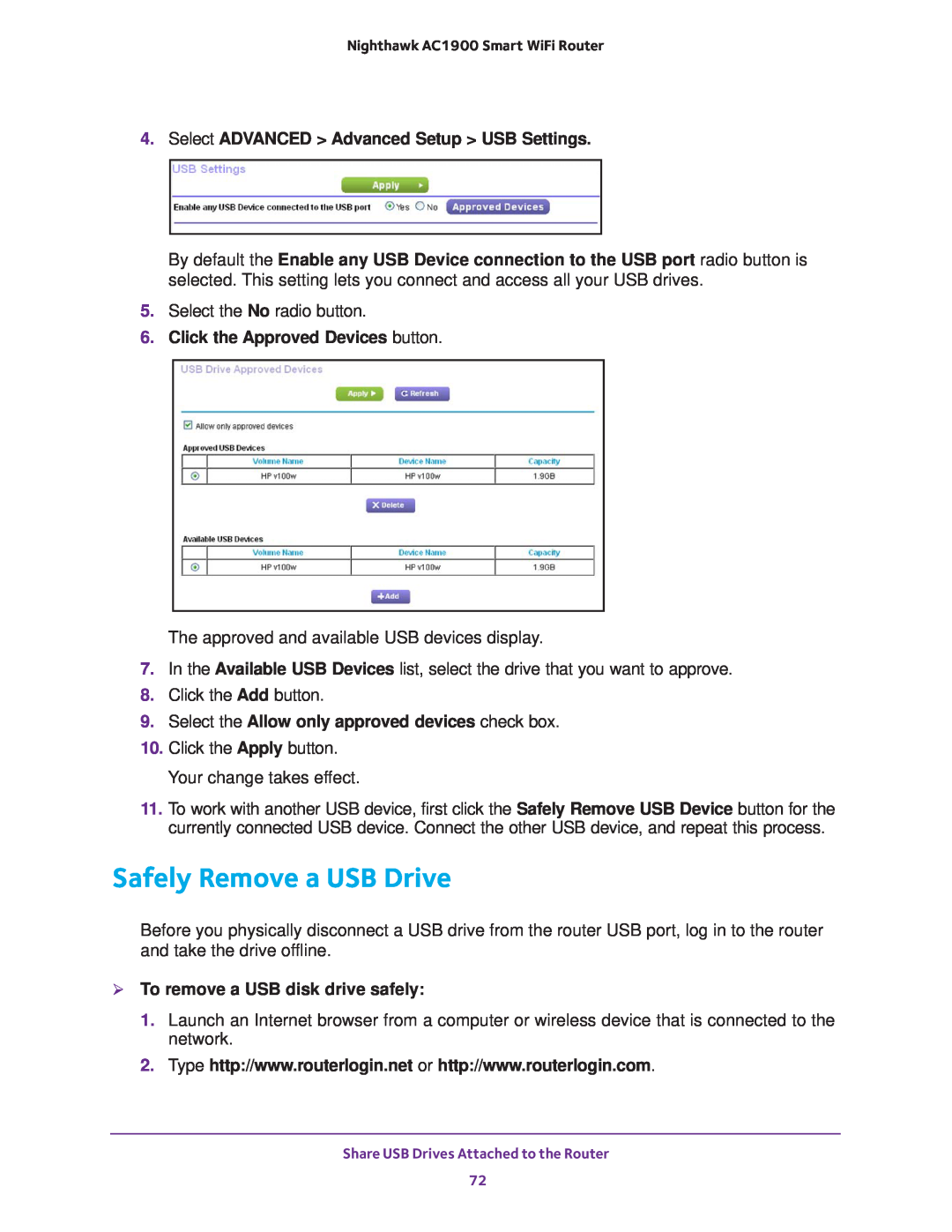 NETGEAR Model R7000 user manual Safely Remove a USB Drive, Select ADVANCED Advanced Setup USB Settings 