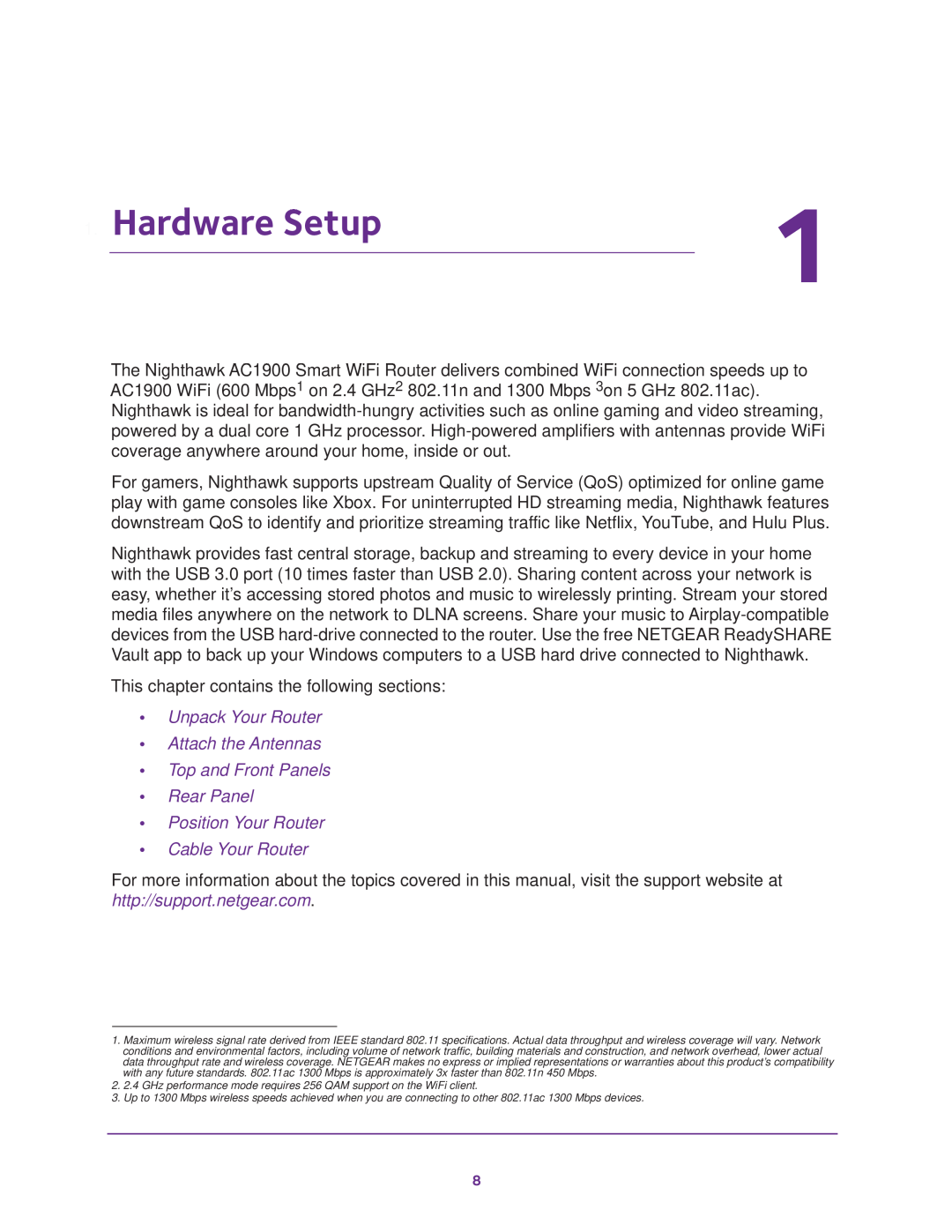 NETGEAR Model R7000 user manual Hardware Setup, Unpack Your Router Attach the Antennas Top and Front Panels 