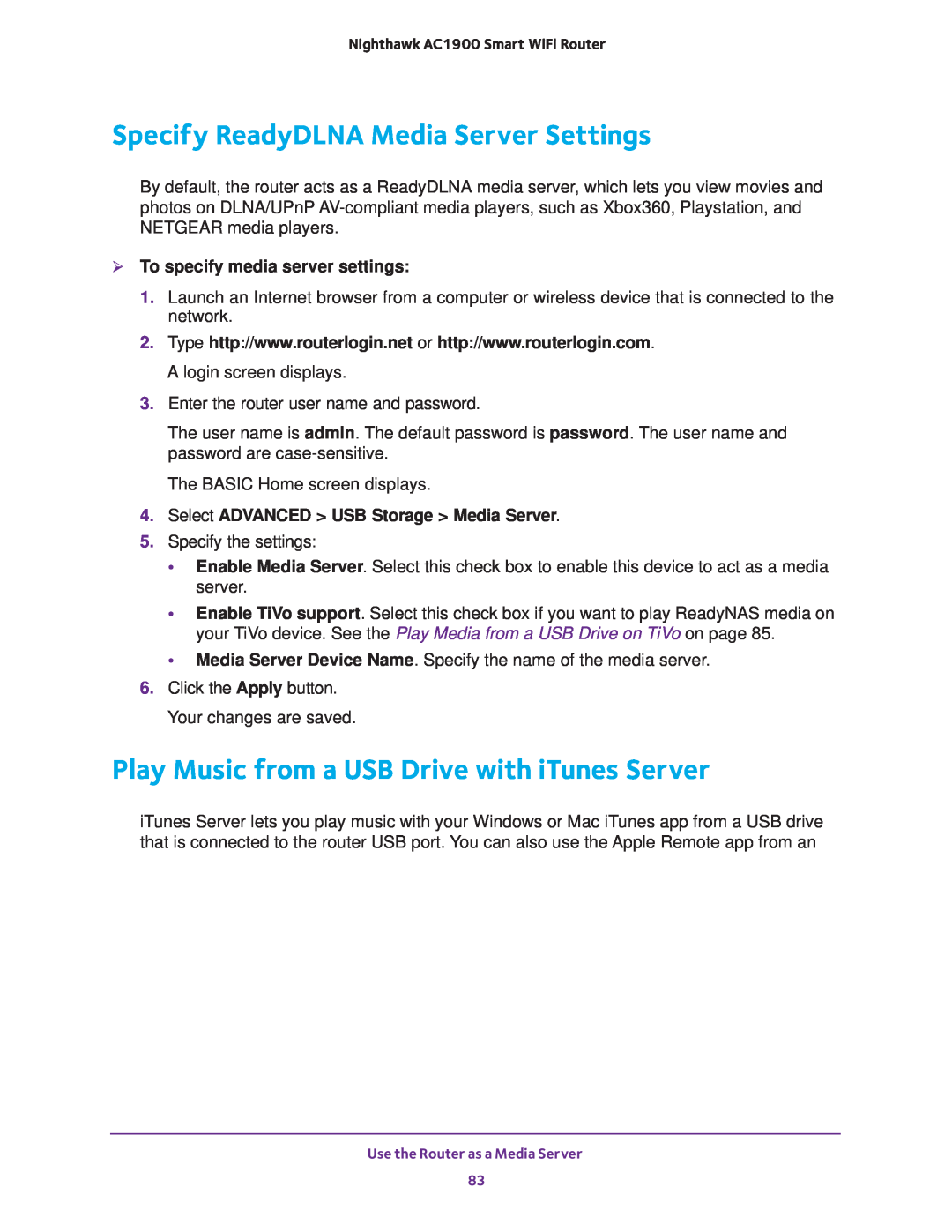 NETGEAR Model R7000 user manual Specify ReadyDLNA Media Server Settings, Play Music from a USB Drive with iTunes Server 