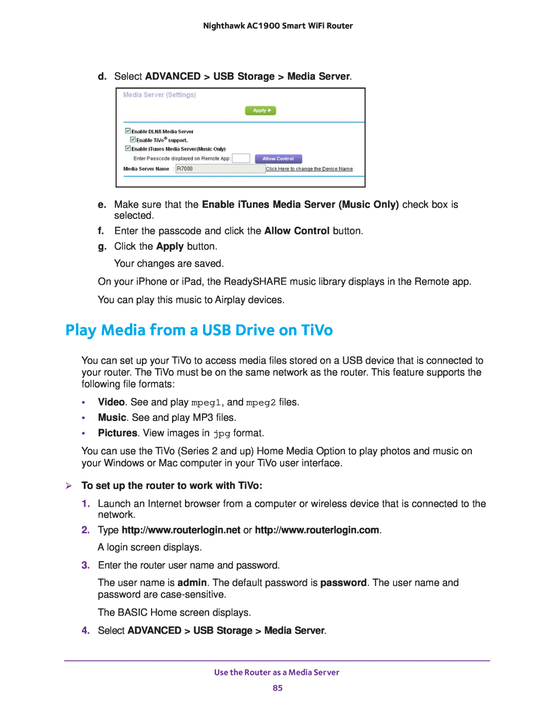 NETGEAR Model R7000 user manual Play Media from a USB Drive on TiVo, d. Select ADVANCED USB Storage Media Server 
