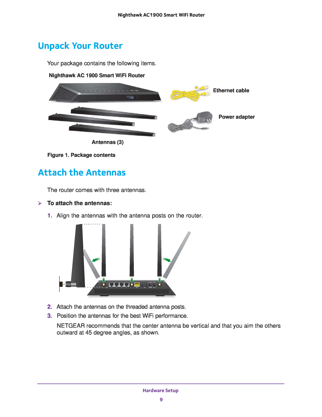 NETGEAR Model R7000 user manual Unpack Your Router, Attach the Antennas,  To attach the antennas 