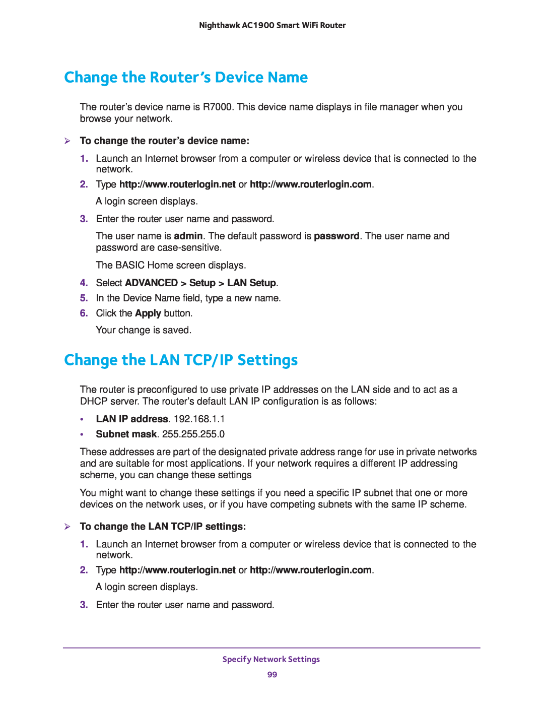 NETGEAR Model R7000 Change the Router’s Device Name, Change the LAN TCP/IP Settings,  To change the router’s device name 