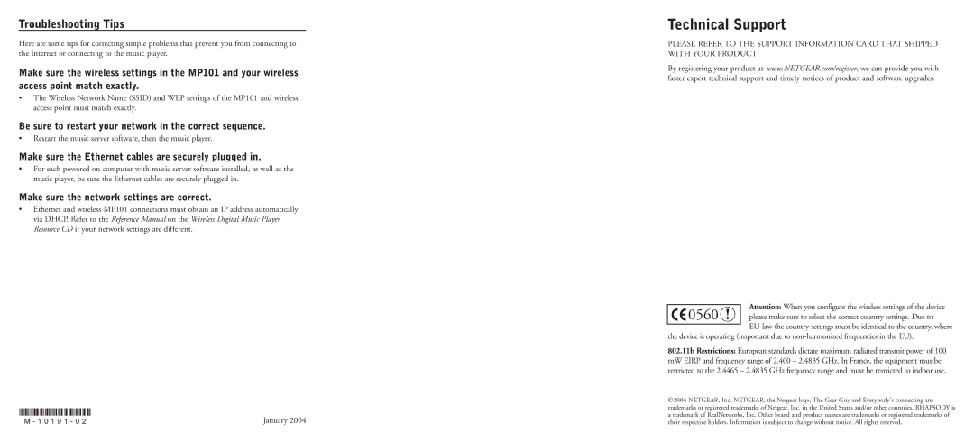 NETGEAR MP101 manual Technical Support, Troubleshooting Tips, Be sure to restart your network in the correct sequence 