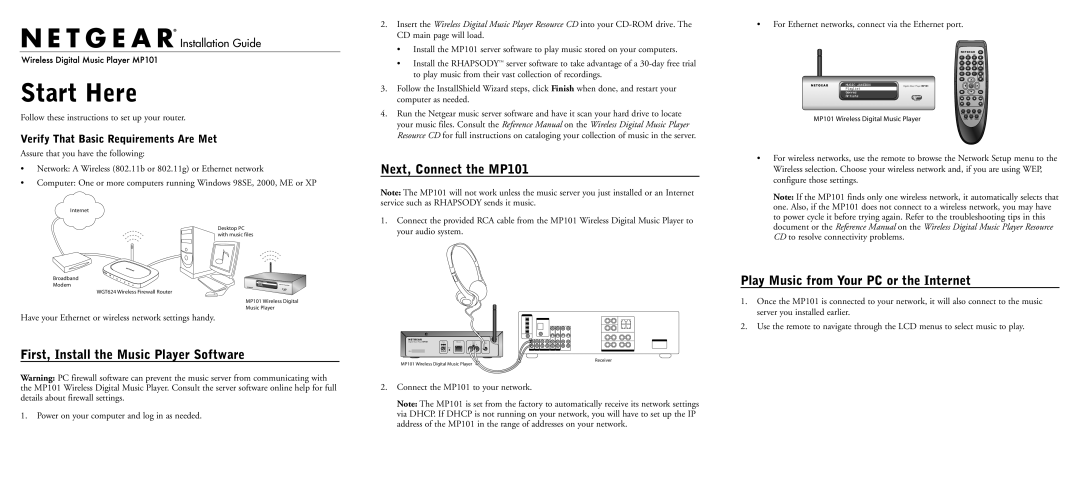 NETGEAR manual Next, Connect the MP101, First, Install the Music Player Software, Start Here, Installation Guide 