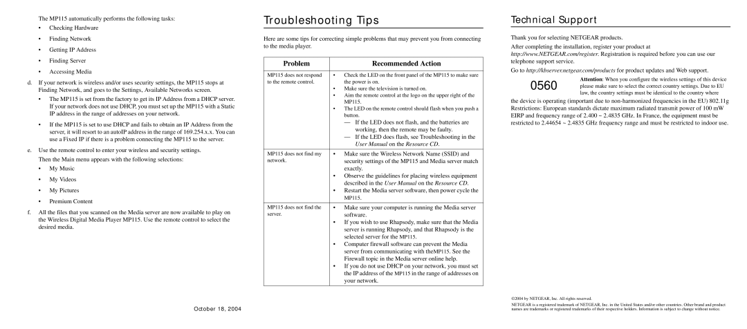 NETGEAR MP115NA user manual Troubleshooting Tips 