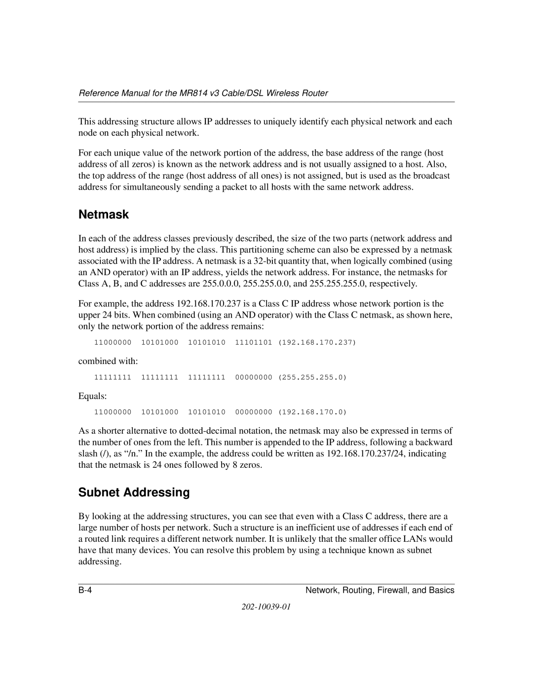 NETGEAR MR814 v3 manual Netmask, Subnet Addressing 