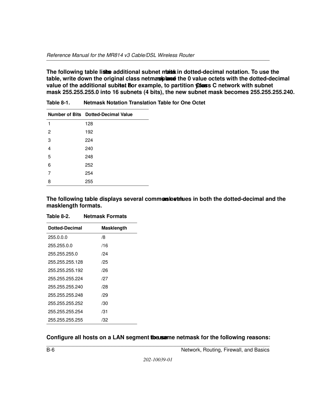 NETGEAR MR814 v3 manual Netmask Notation Translation Table for One Octet, Netmask Formats 