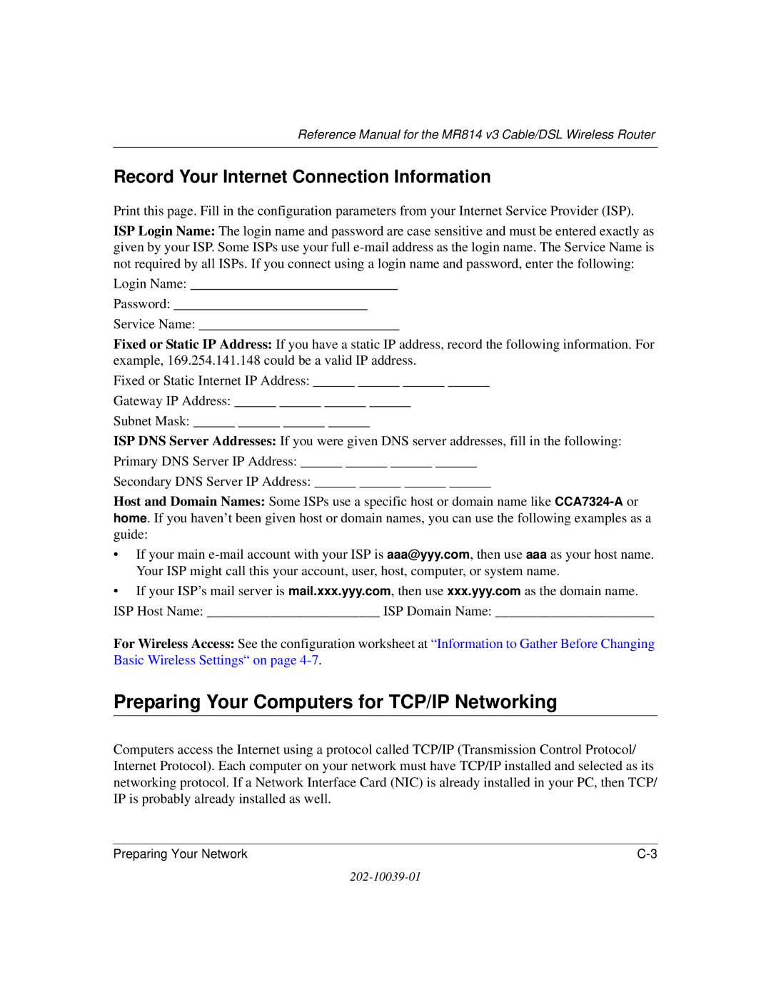 NETGEAR MR814 v3 manual Preparing Your Computers for TCP/IP Networking, Record Your Internet Connection Information 