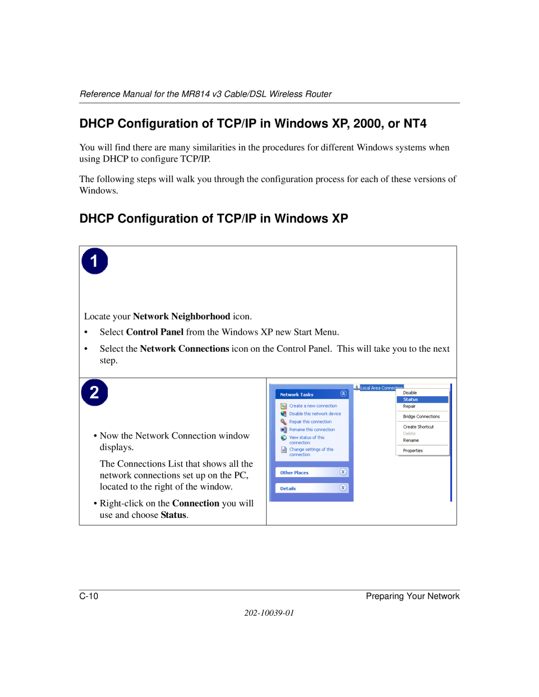 NETGEAR MR814 v3 manual Dhcp Configuration of TCP/IP in Windows XP, 2000, or NT4 