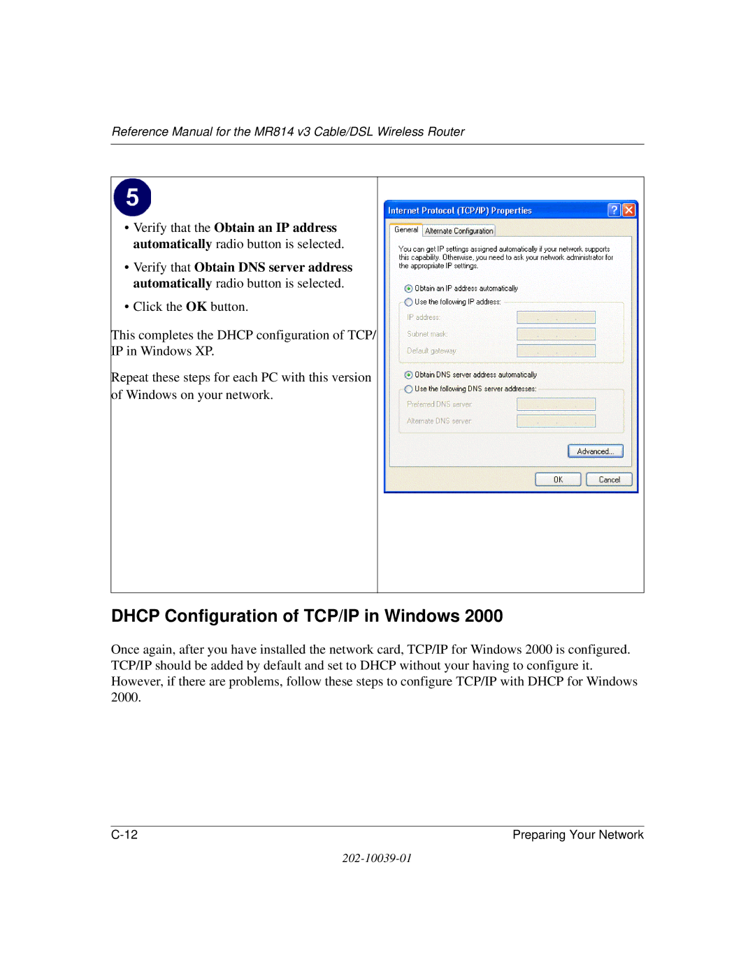 NETGEAR MR814 v3 manual Dhcp Configuration of TCP/IP in Windows 