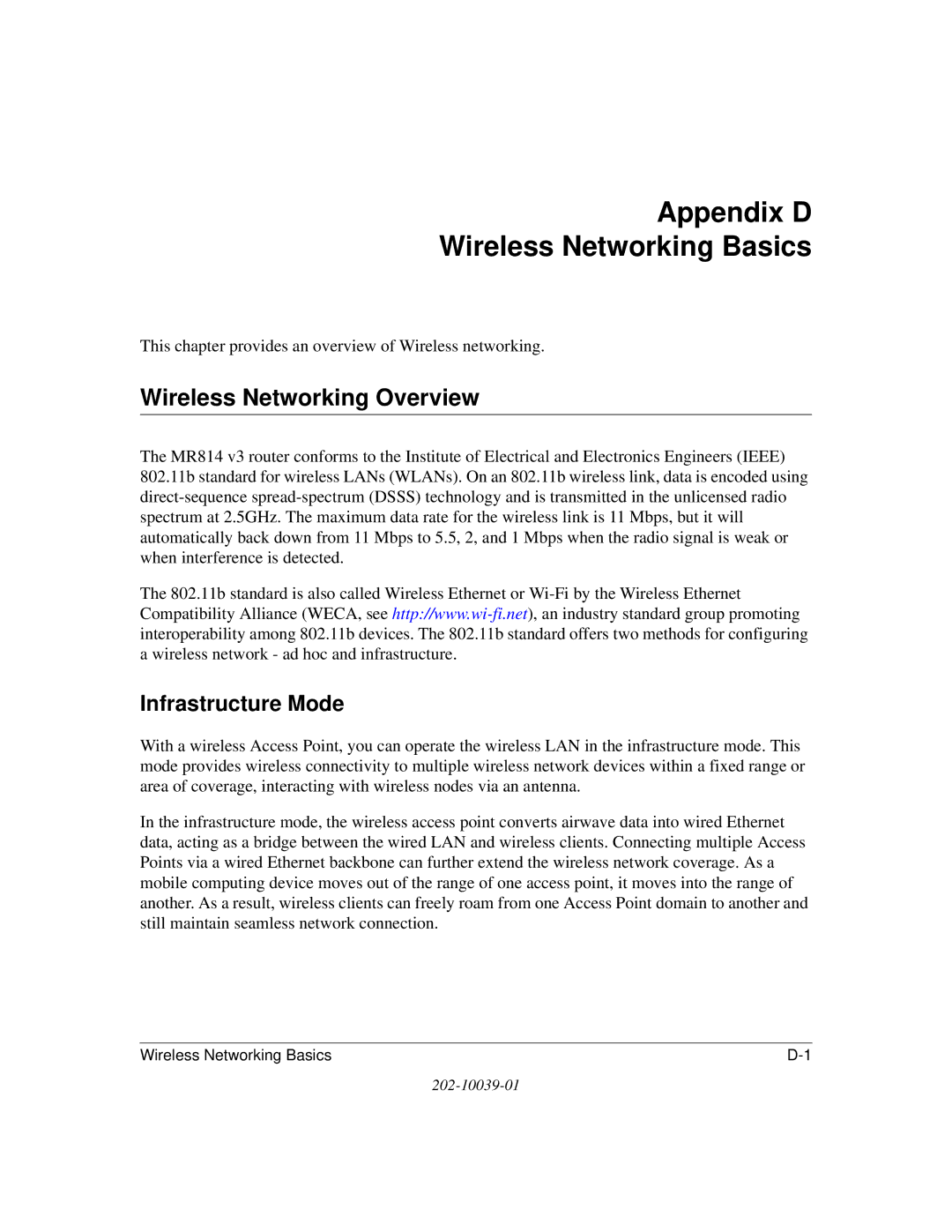 NETGEAR MR814 v3 manual Appendix D Wireless Networking Basics, Wireless Networking Overview, Infrastructure Mode 