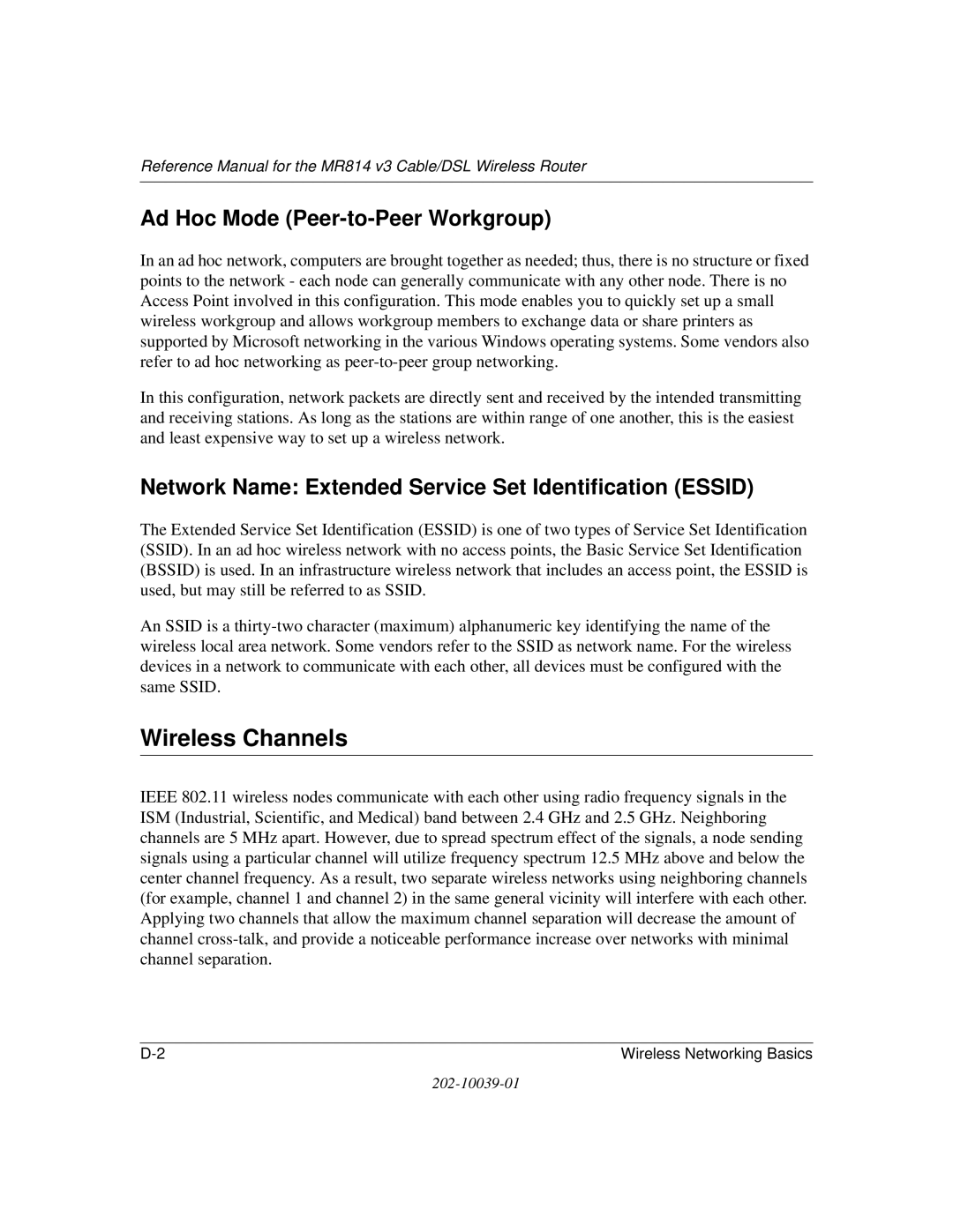 NETGEAR MR814 v3 manual Wireless Channels, Ad Hoc Mode Peer-to-Peer Workgroup 