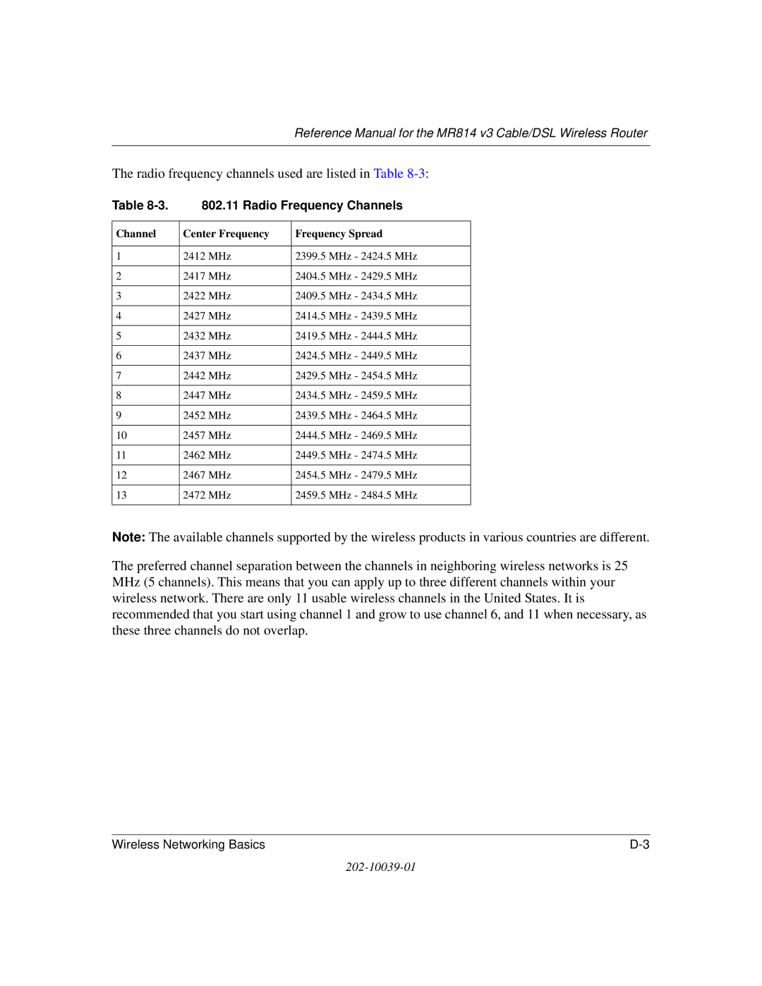 NETGEAR MR814 v3 manual Radio frequency channels used are listed in Table, Radio Frequency Channels 