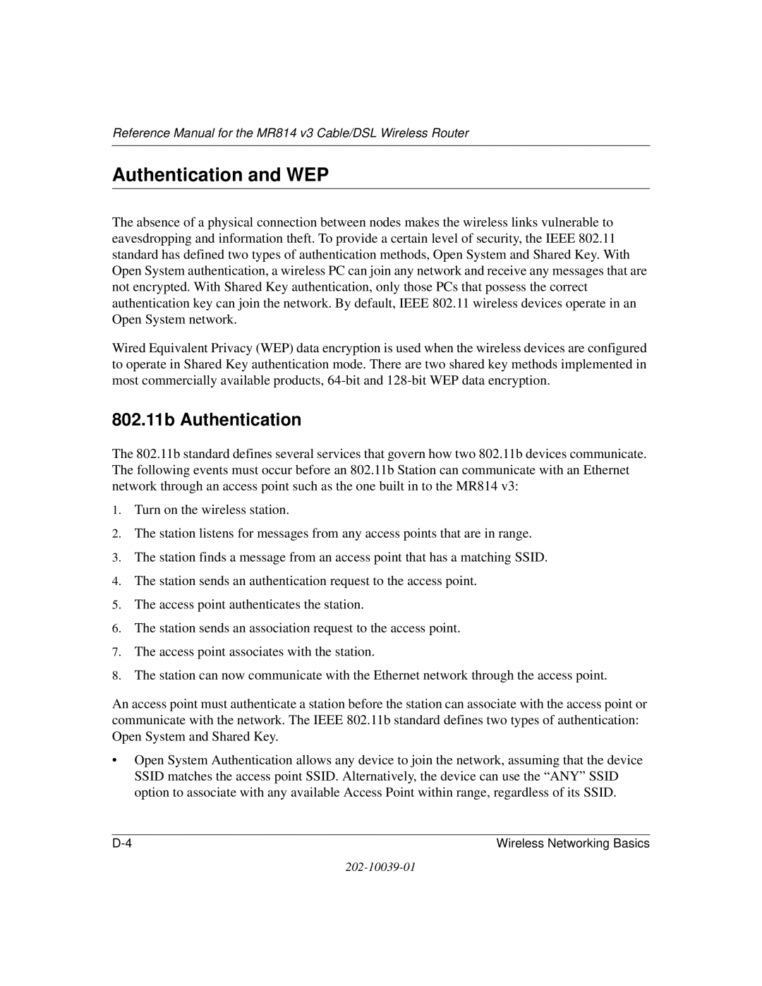 NETGEAR MR814 v3 manual Authentication and WEP, 802.11b Authentication 