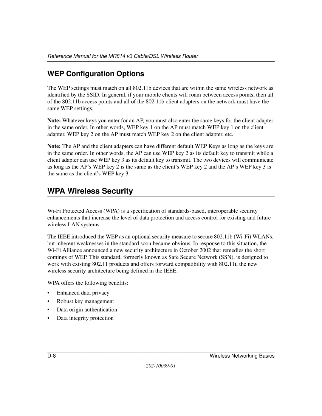 NETGEAR MR814 v3 manual WPA Wireless Security, WEP Configuration Options 