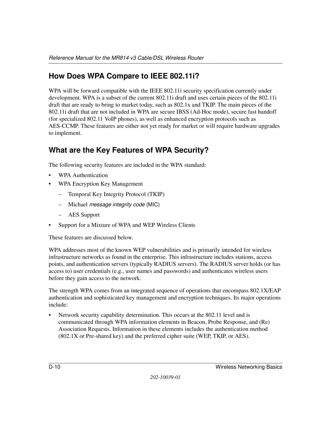 NETGEAR MR814 v3 manual How Does WPA Compare to Ieee 802.11i?, What are the Key Features of WPA Security? 