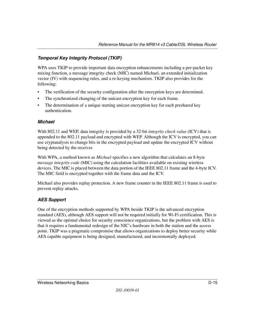 NETGEAR MR814 v3 manual Temporal Key Integrity Protocol Tkip 