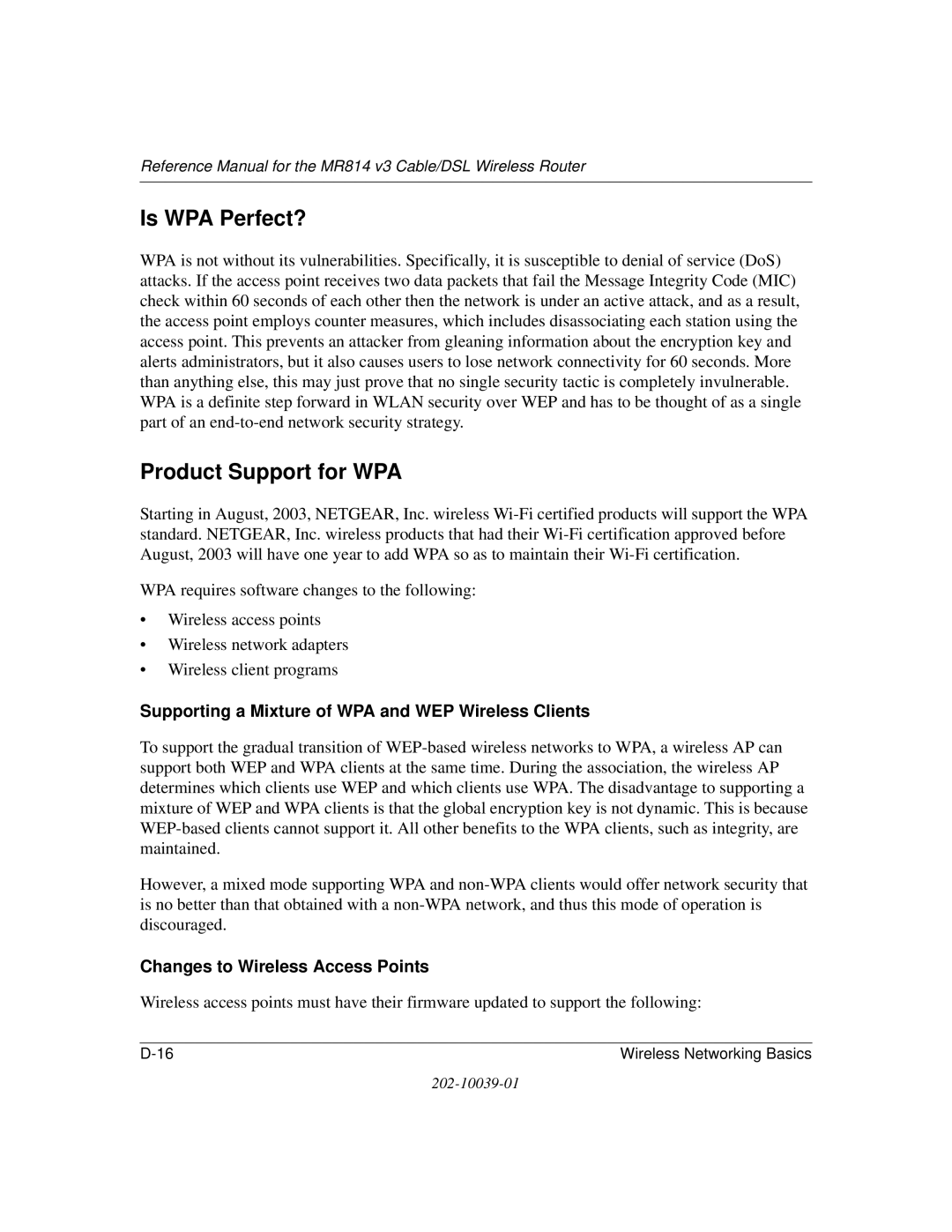 NETGEAR MR814 v3 manual Is WPA Perfect?, Product Support for WPA 