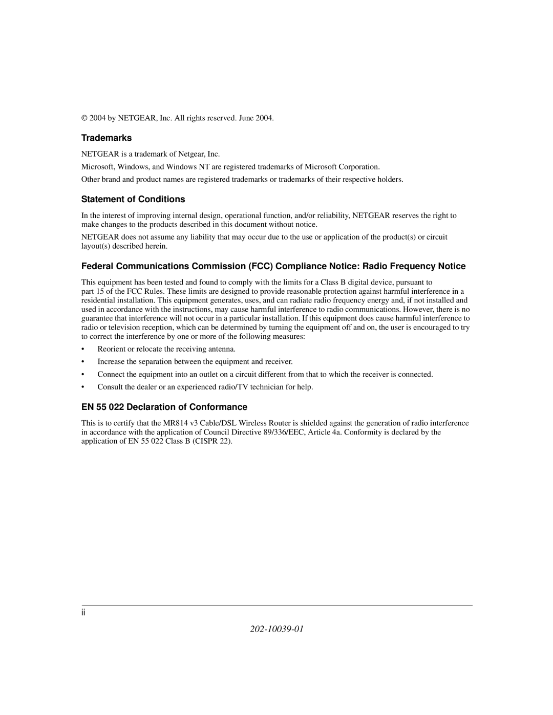 NETGEAR MR814 v3 manual Trademarks, Statement of Conditions, EN 55 022 Declaration of Conformance 