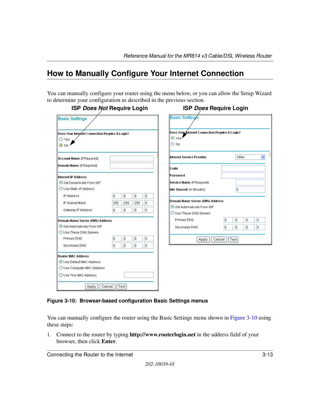 NETGEAR MR814 v3 How to Manually Configure Your Internet Connection, Browser-based configuration Basic Settings menus 