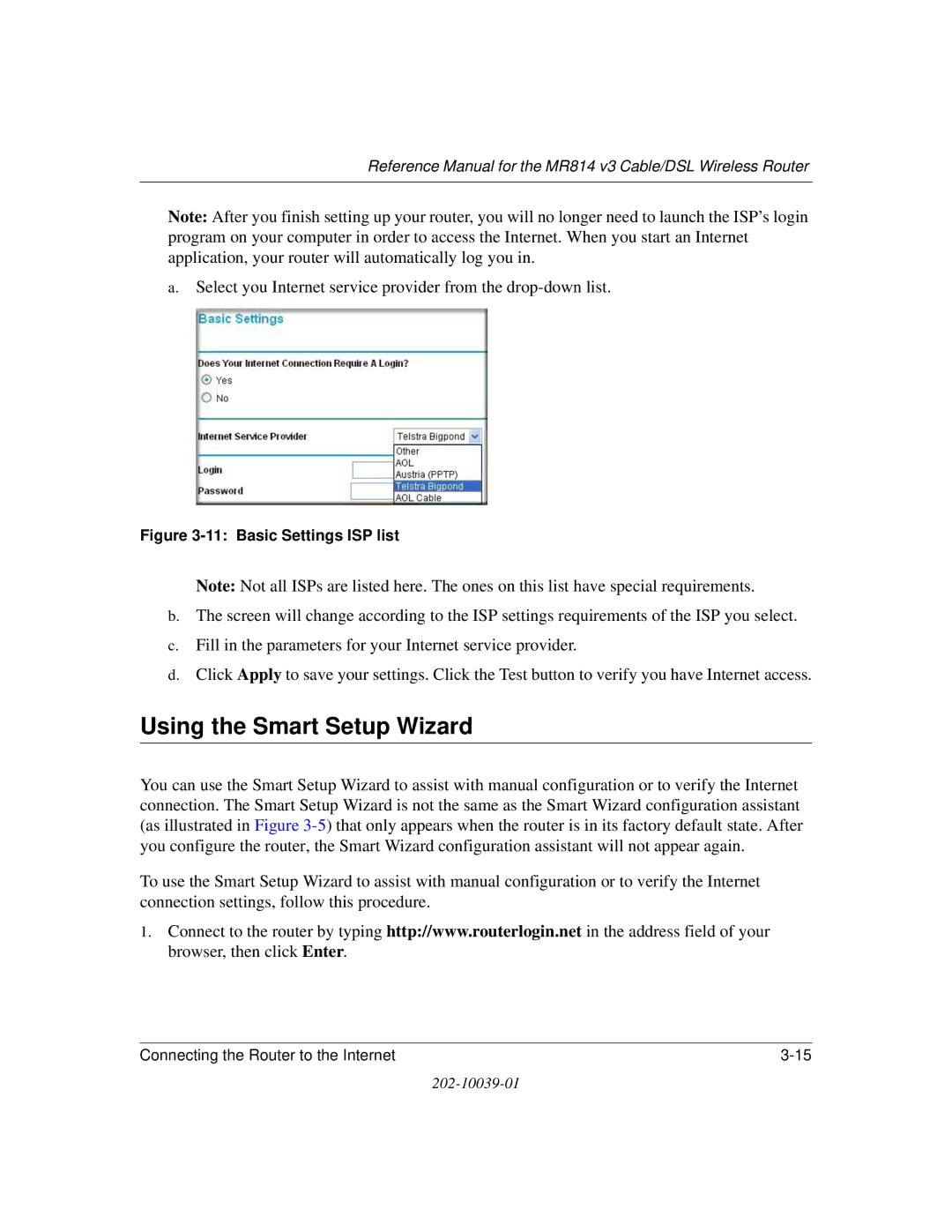 NETGEAR MR814 v3 manual Using the Smart Setup Wizard, Basic Settings ISP list 