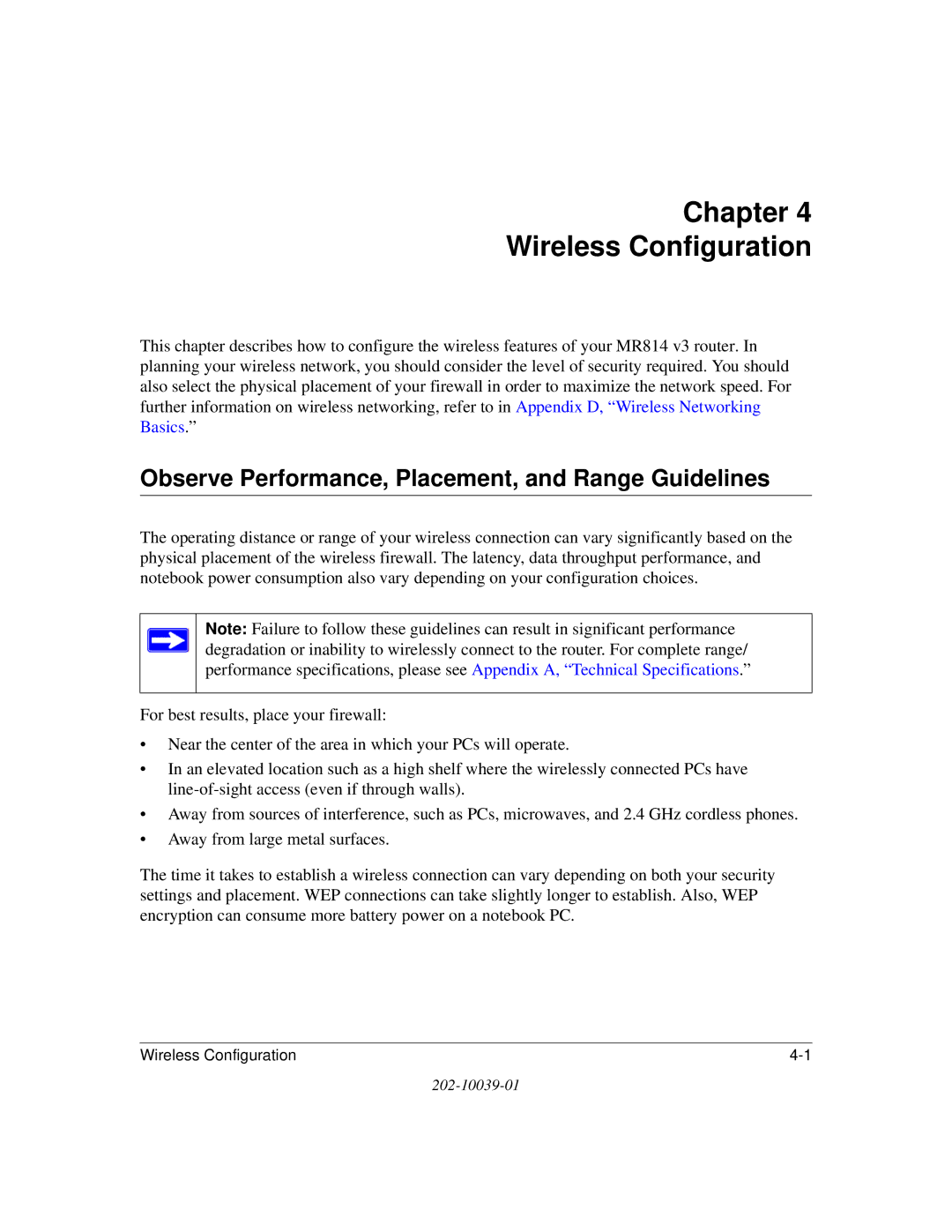 NETGEAR MR814 v3 manual Chapter Wireless Configuration, Observe Performance, Placement, and Range Guidelines 