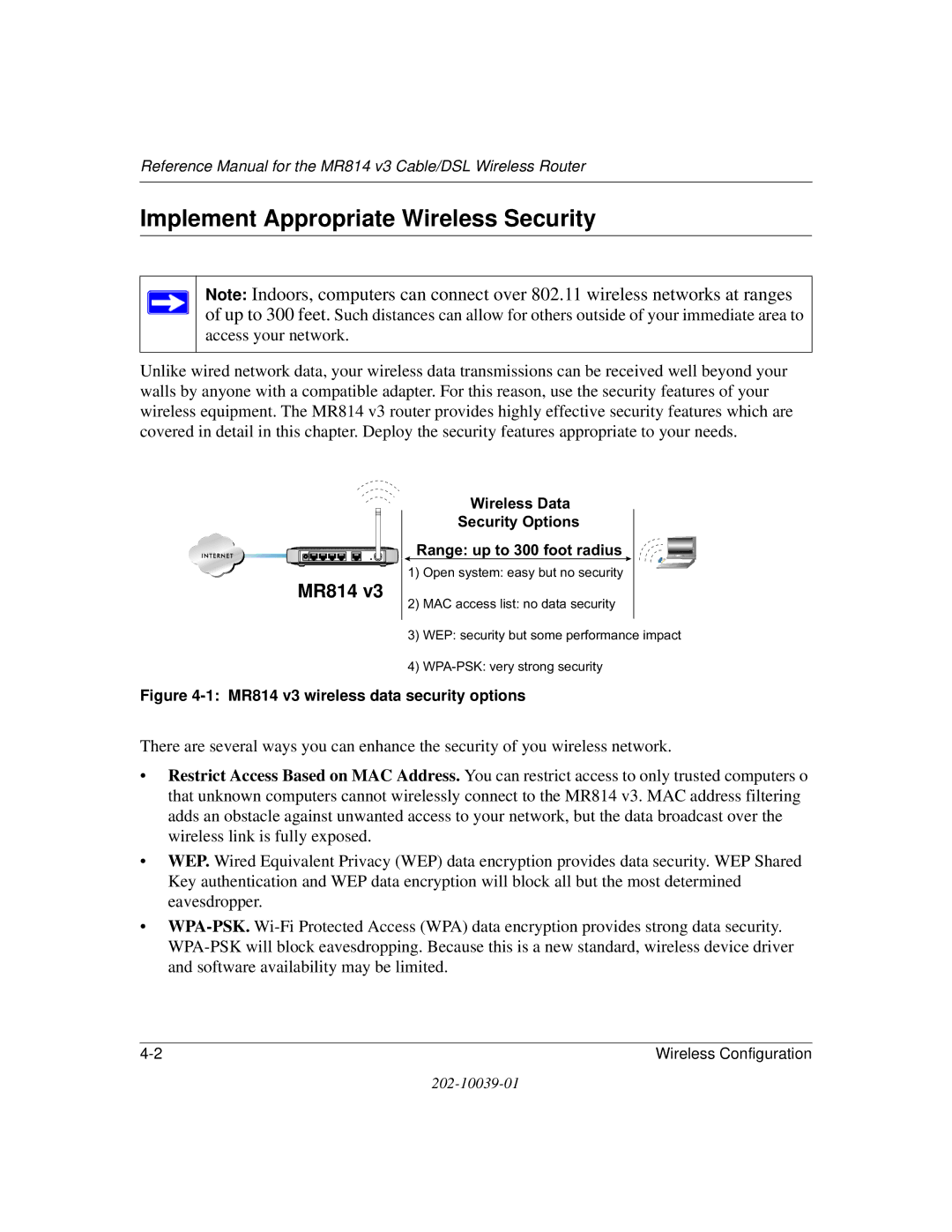 NETGEAR manual Implement Appropriate Wireless Security, MR814 v3 wireless data security options 