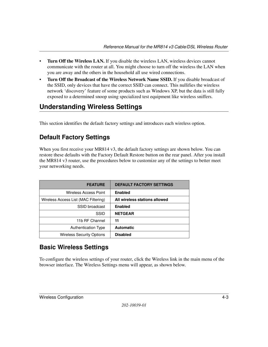 NETGEAR MR814 v3 manual Understanding Wireless Settings, Default Factory Settings, Basic Wireless Settings 