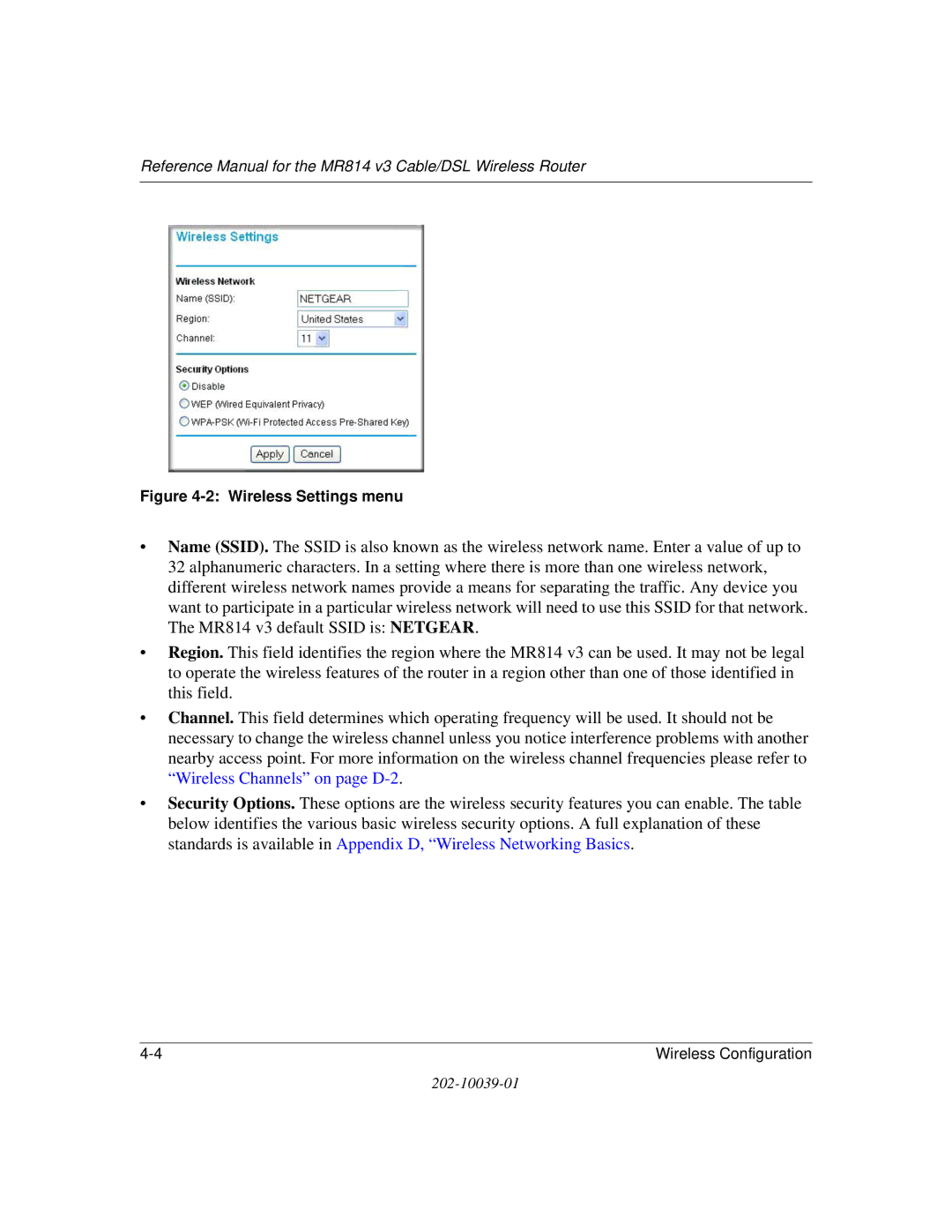 NETGEAR MR814 v3 manual Wireless Settings menu 