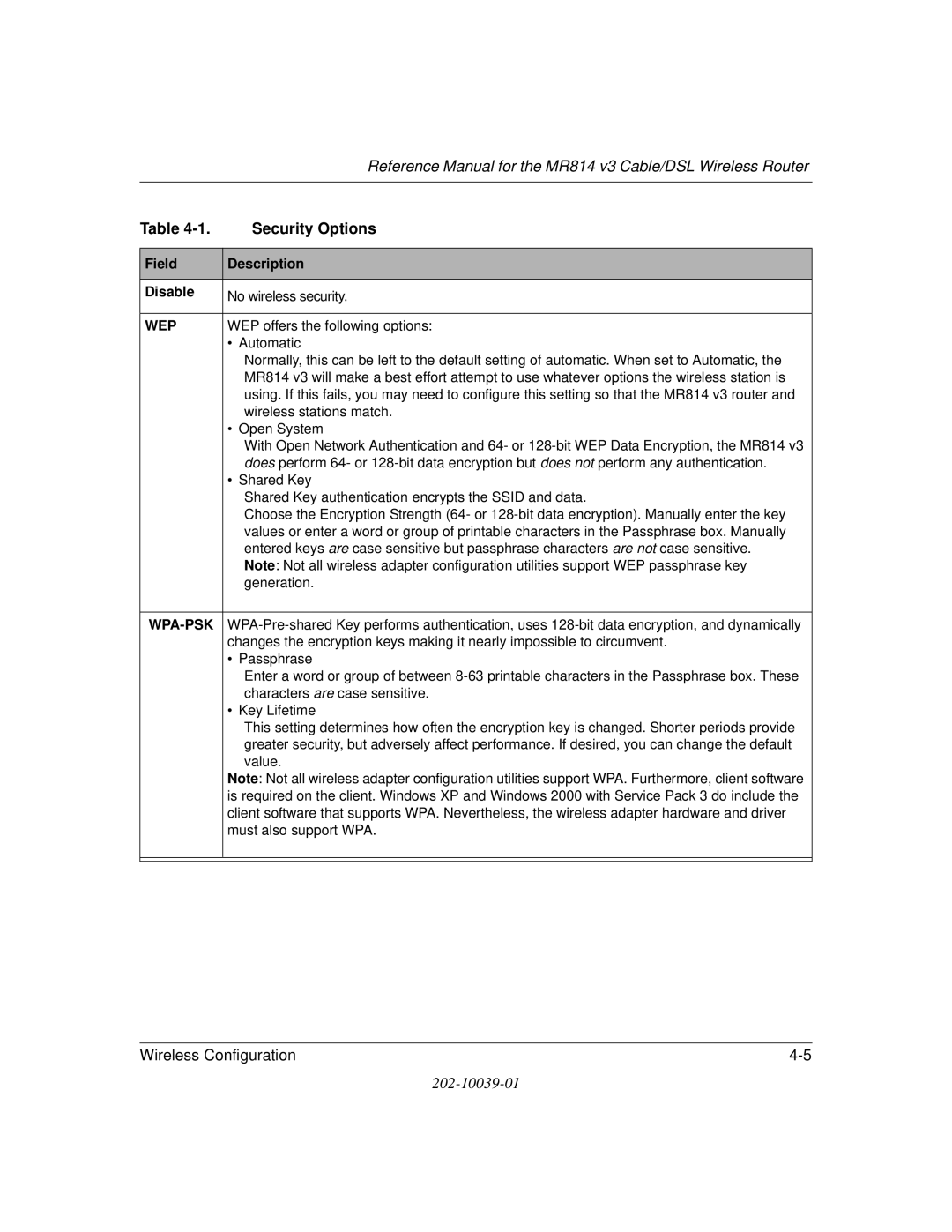 NETGEAR MR814 v3 manual Security Options, Wep 