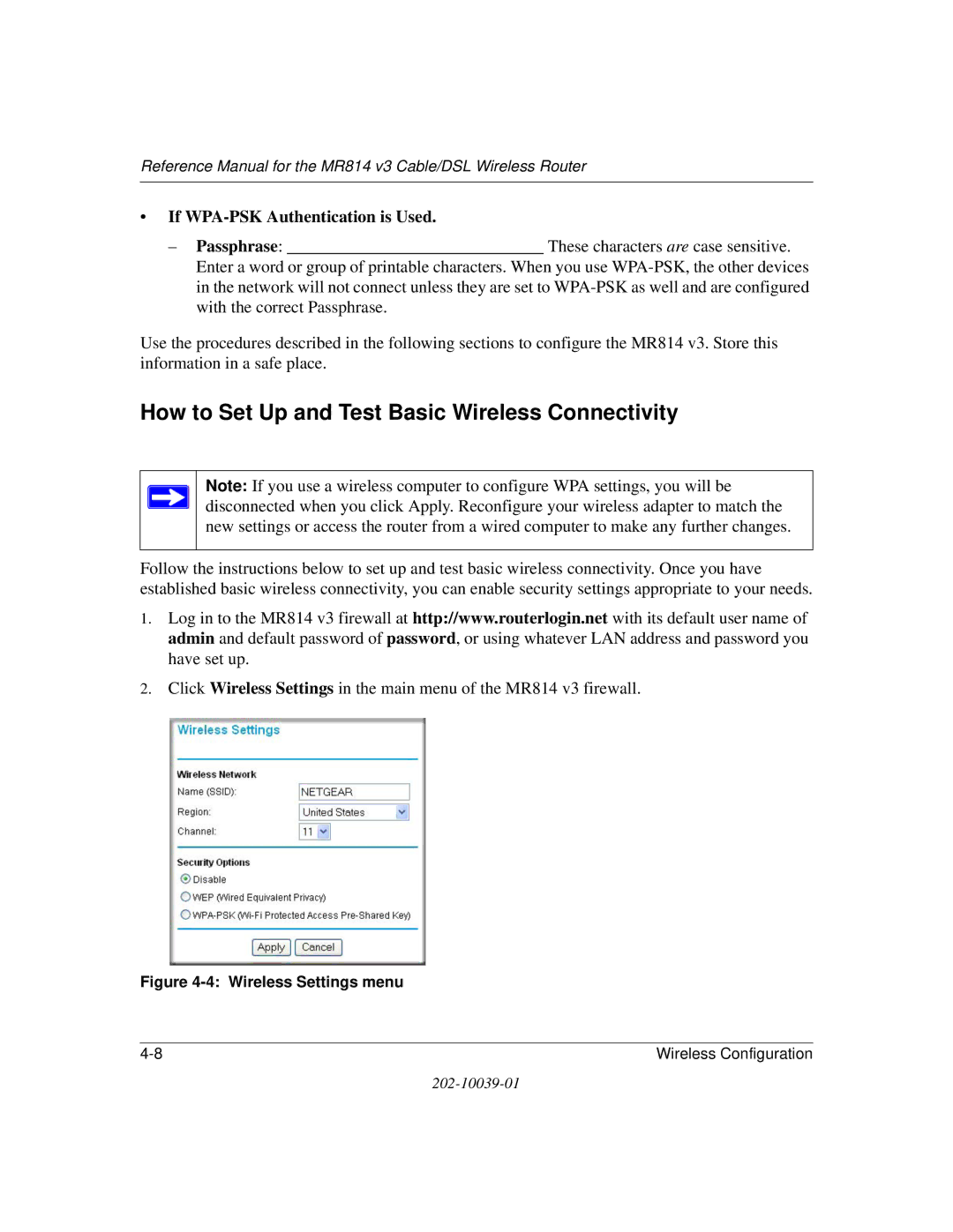 NETGEAR MR814 v3 manual How to Set Up and Test Basic Wireless Connectivity, If WPA-PSK Authentication is Used 