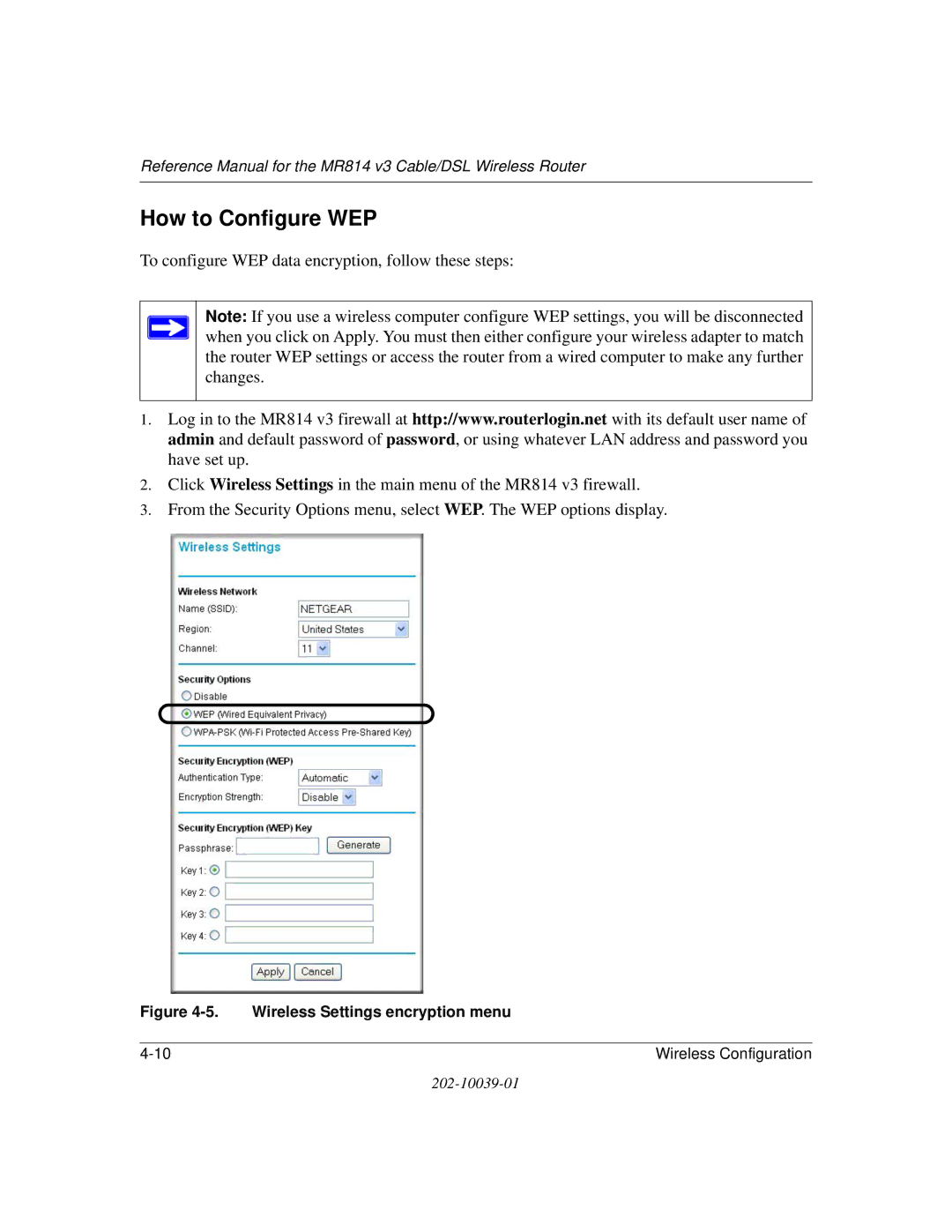 NETGEAR MR814 v3 manual How to Configure WEP, Wireless Settings encryption menu 