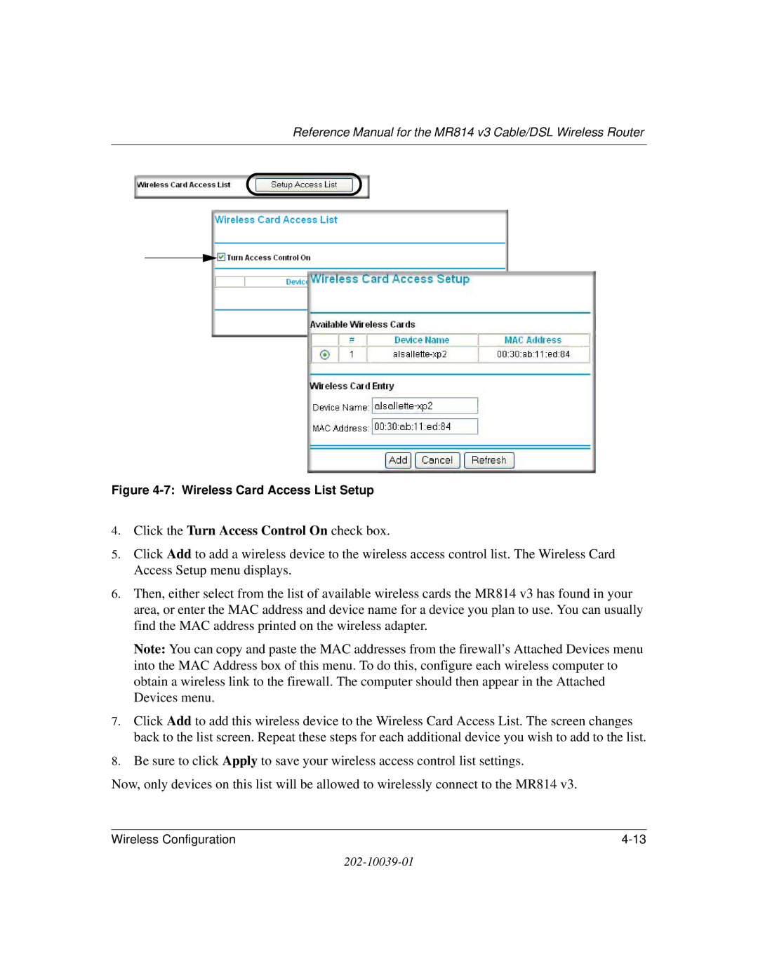 NETGEAR MR814 v3 manual Click the Turn Access Control On check box 