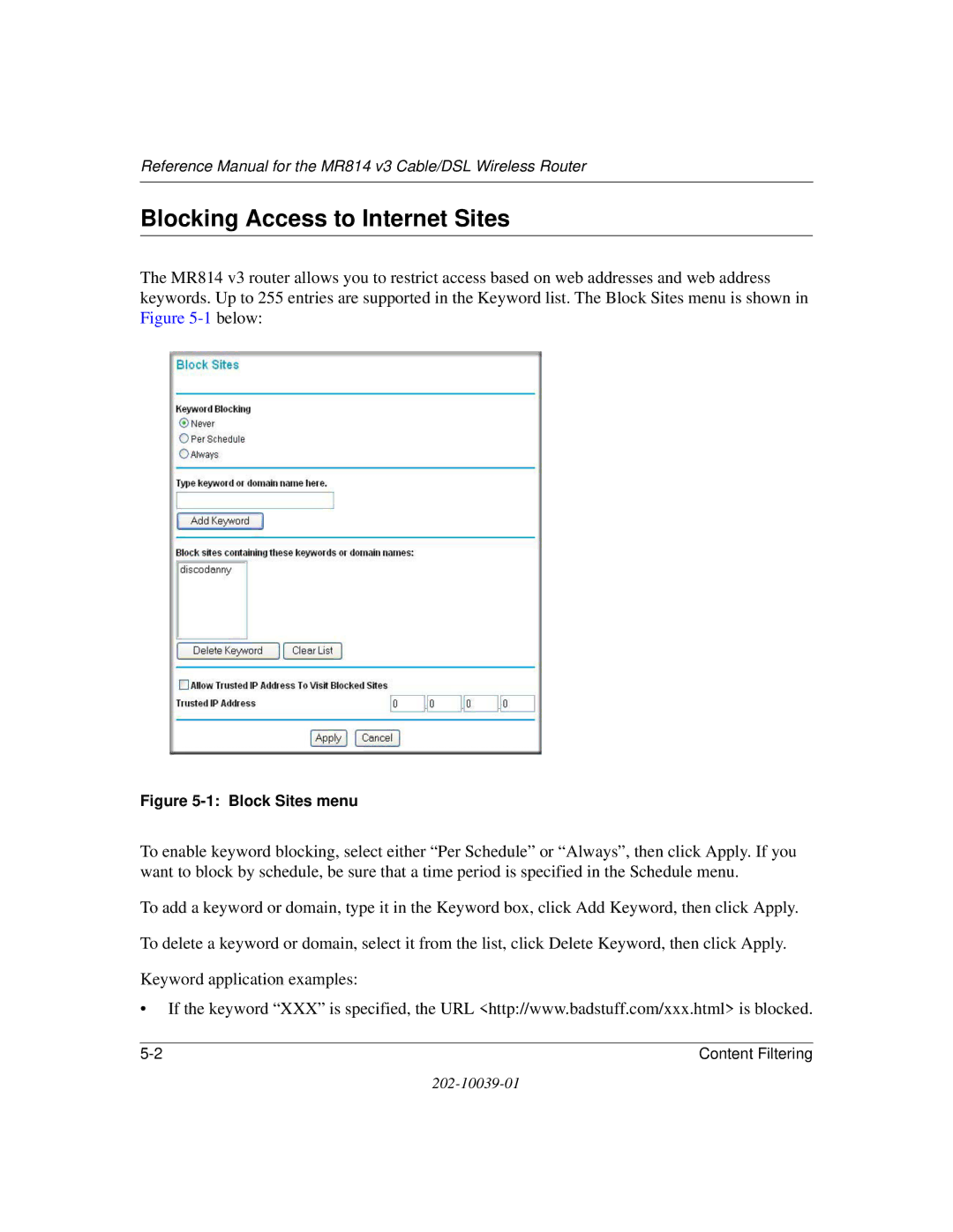 NETGEAR MR814 v3 manual Blocking Access to Internet Sites, Block Sites menu 