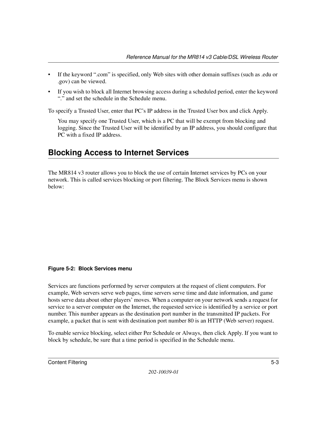 NETGEAR MR814 v3 manual Blocking Access to Internet Services, Block Services menu 