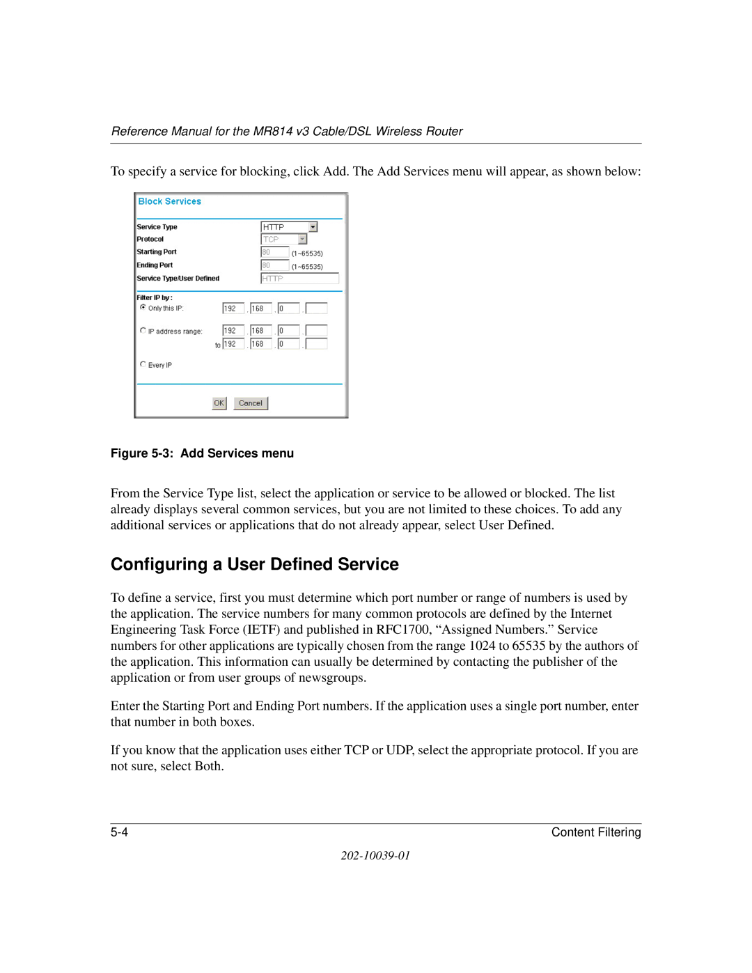 NETGEAR MR814 v3 manual Configuring a User Defined Service, Add Services menu 