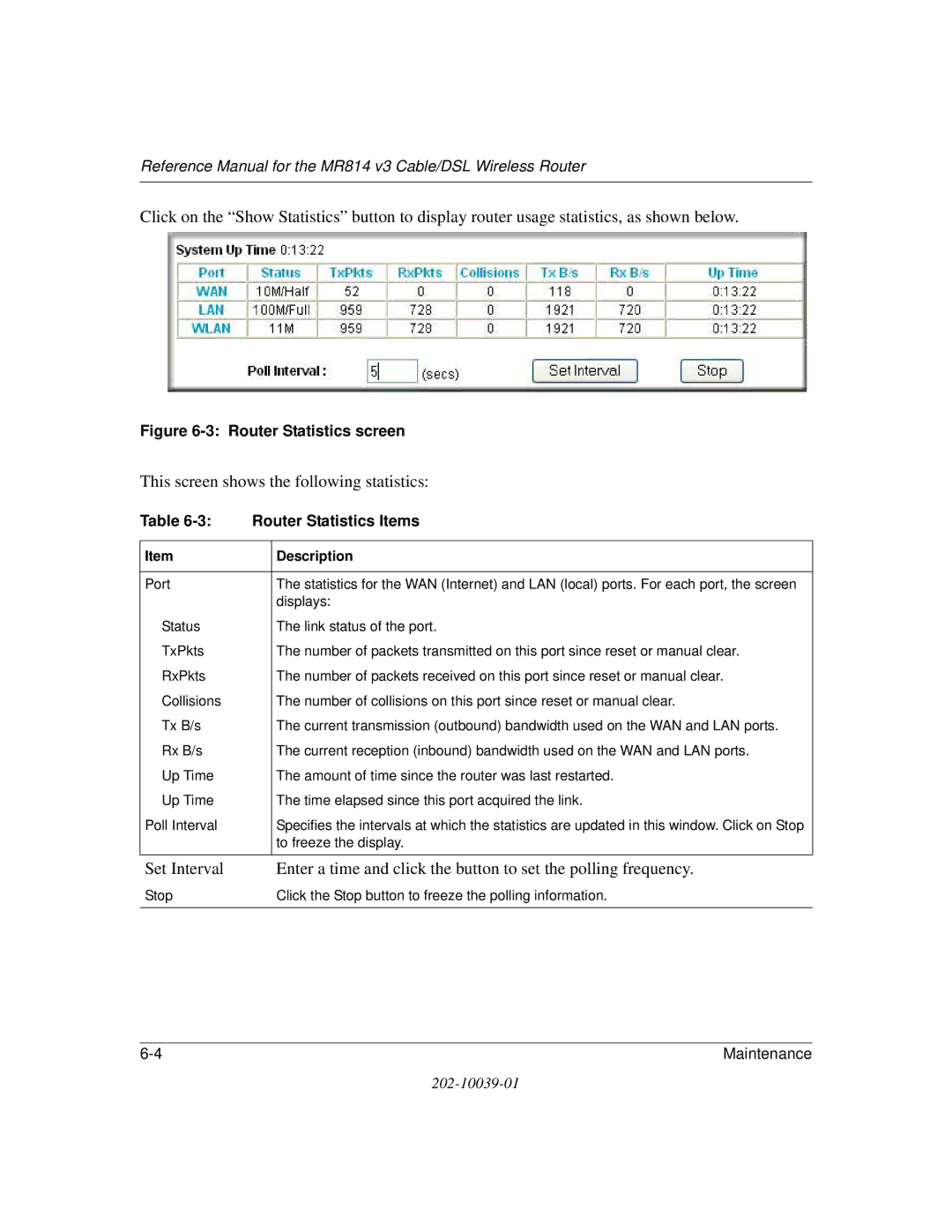 NETGEAR MR814 v3 manual Router Statistics screen, Router Statistics Items 