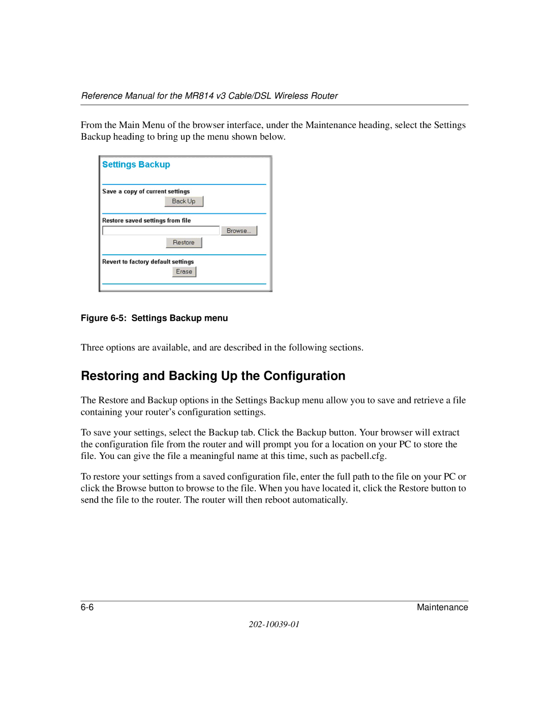 NETGEAR MR814 v3 manual Restoring and Backing Up the Configuration, Settings Backup menu 