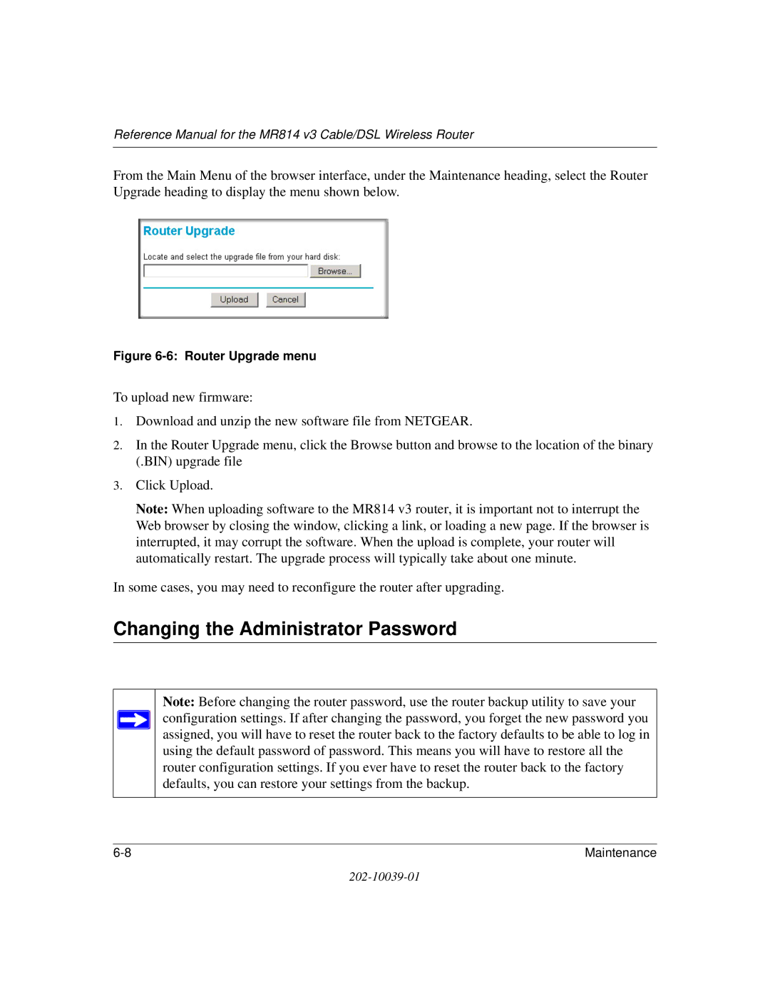 NETGEAR MR814 v3 manual Changing the Administrator Password, Router Upgrade menu 