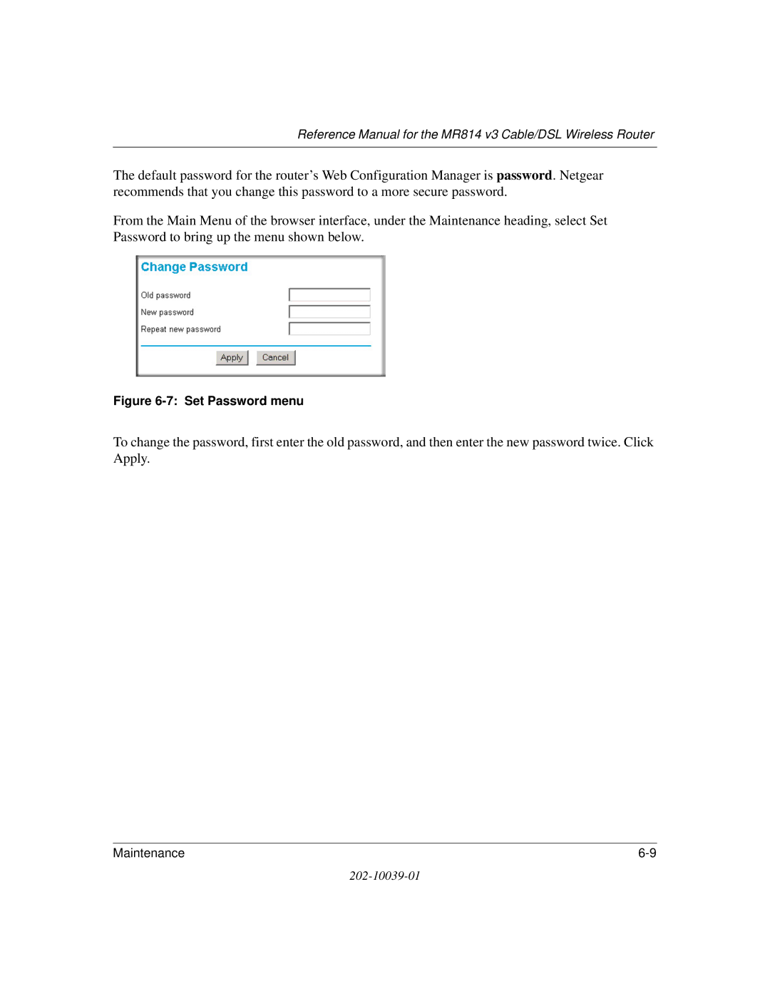 NETGEAR MR814 v3 manual Set Password menu 