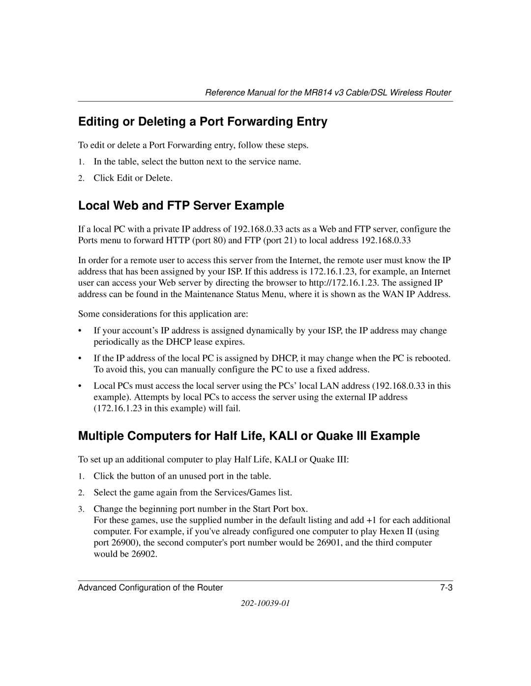 NETGEAR MR814 v3 manual Editing or Deleting a Port Forwarding Entry, Local Web and FTP Server Example 