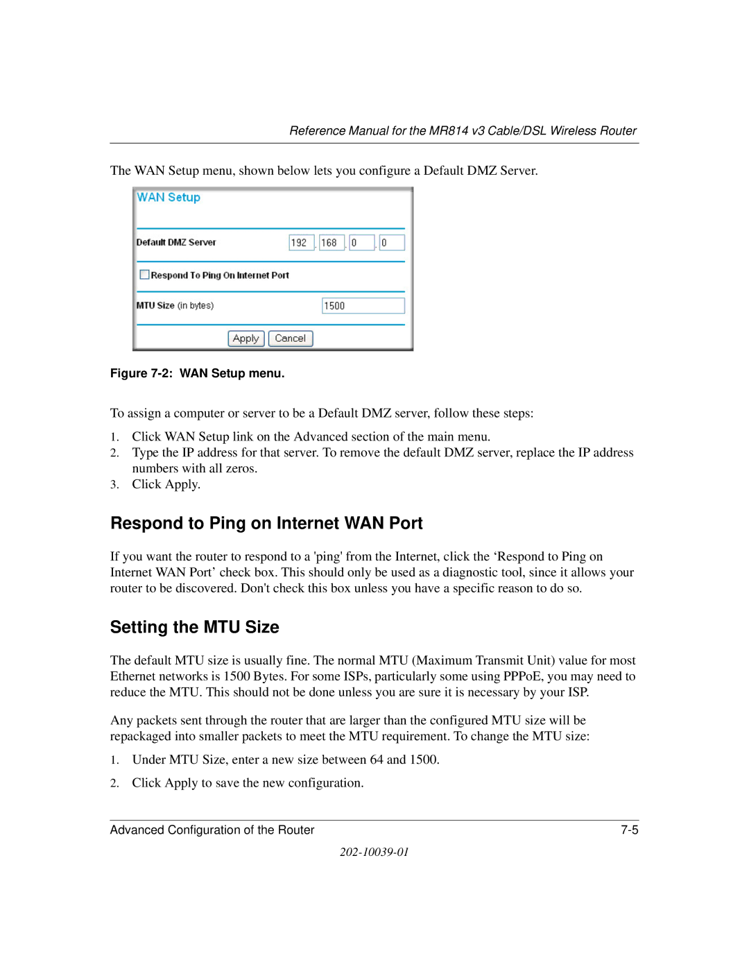 NETGEAR MR814 v3 manual Respond to Ping on Internet WAN Port, Setting the MTU Size 