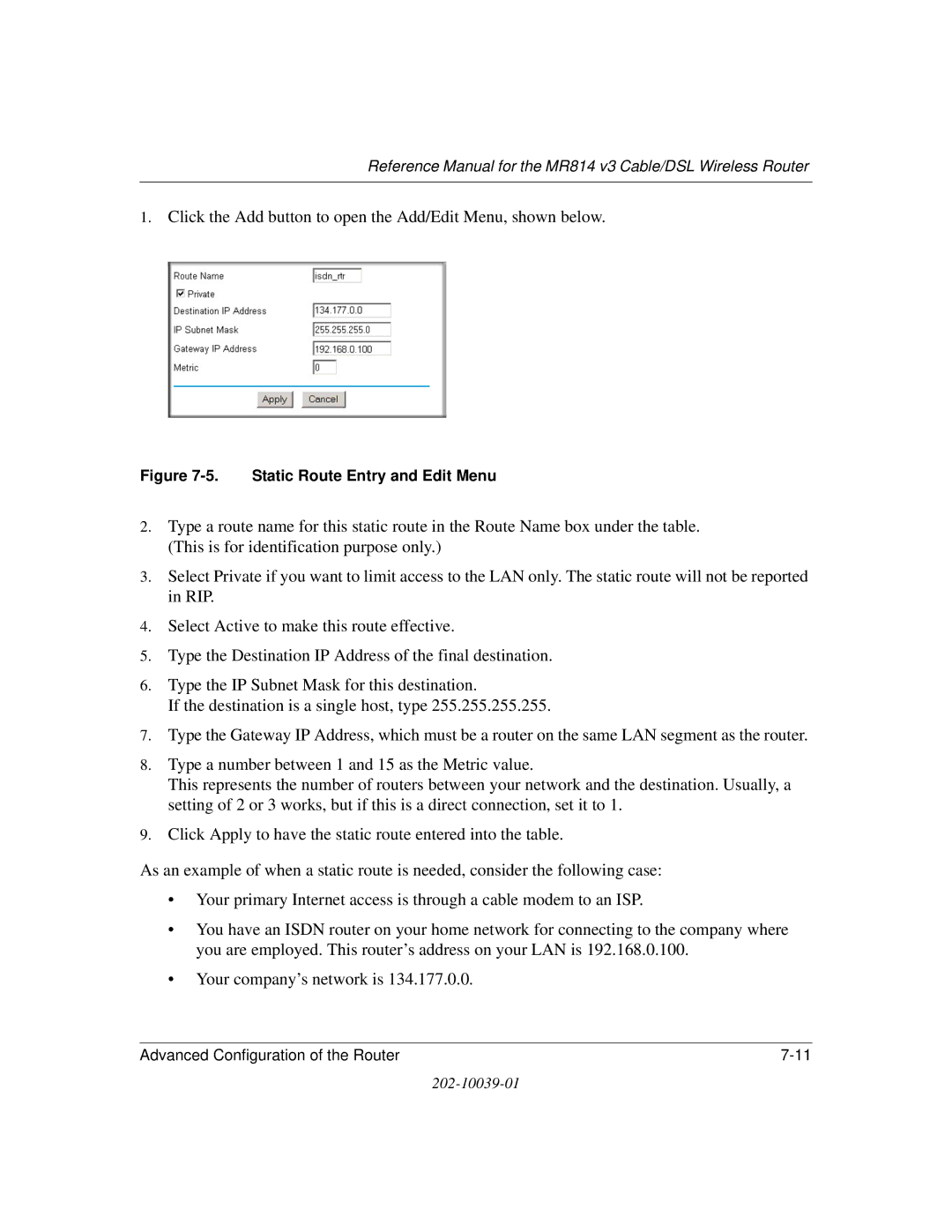 NETGEAR MR814 v3 manual Click the Add button to open the Add/Edit Menu, shown below 