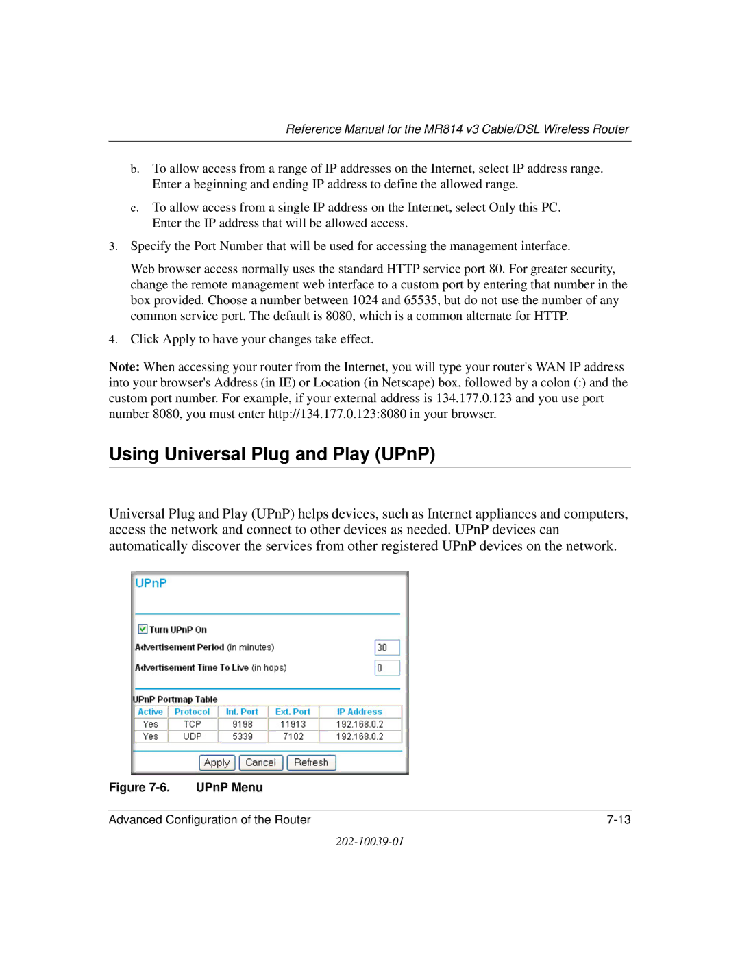 NETGEAR MR814 v3 manual Using Universal Plug and Play UPnP, UPnP Menu Advanced Configuration of the Router 