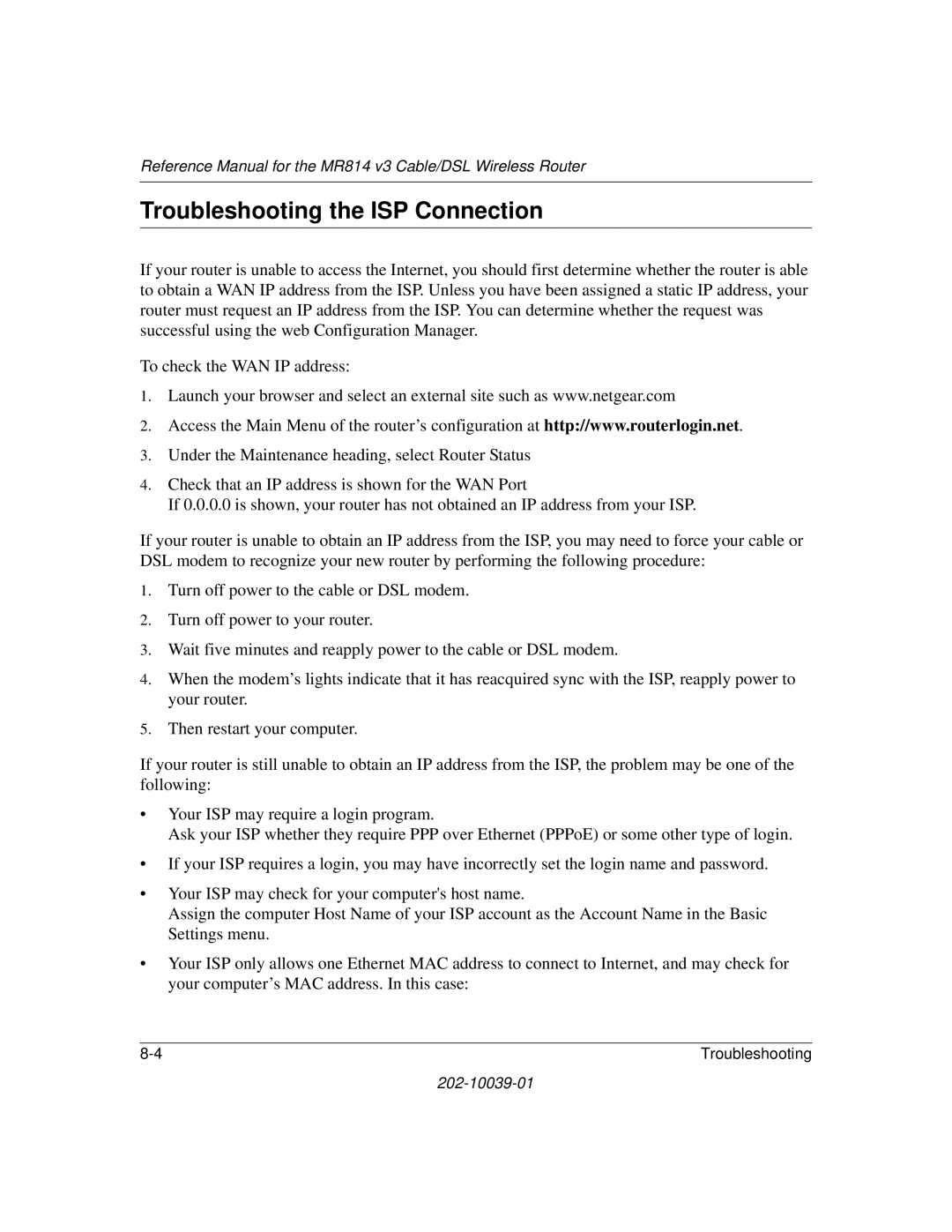 NETGEAR MR814 v3 manual Troubleshooting the ISP Connection 